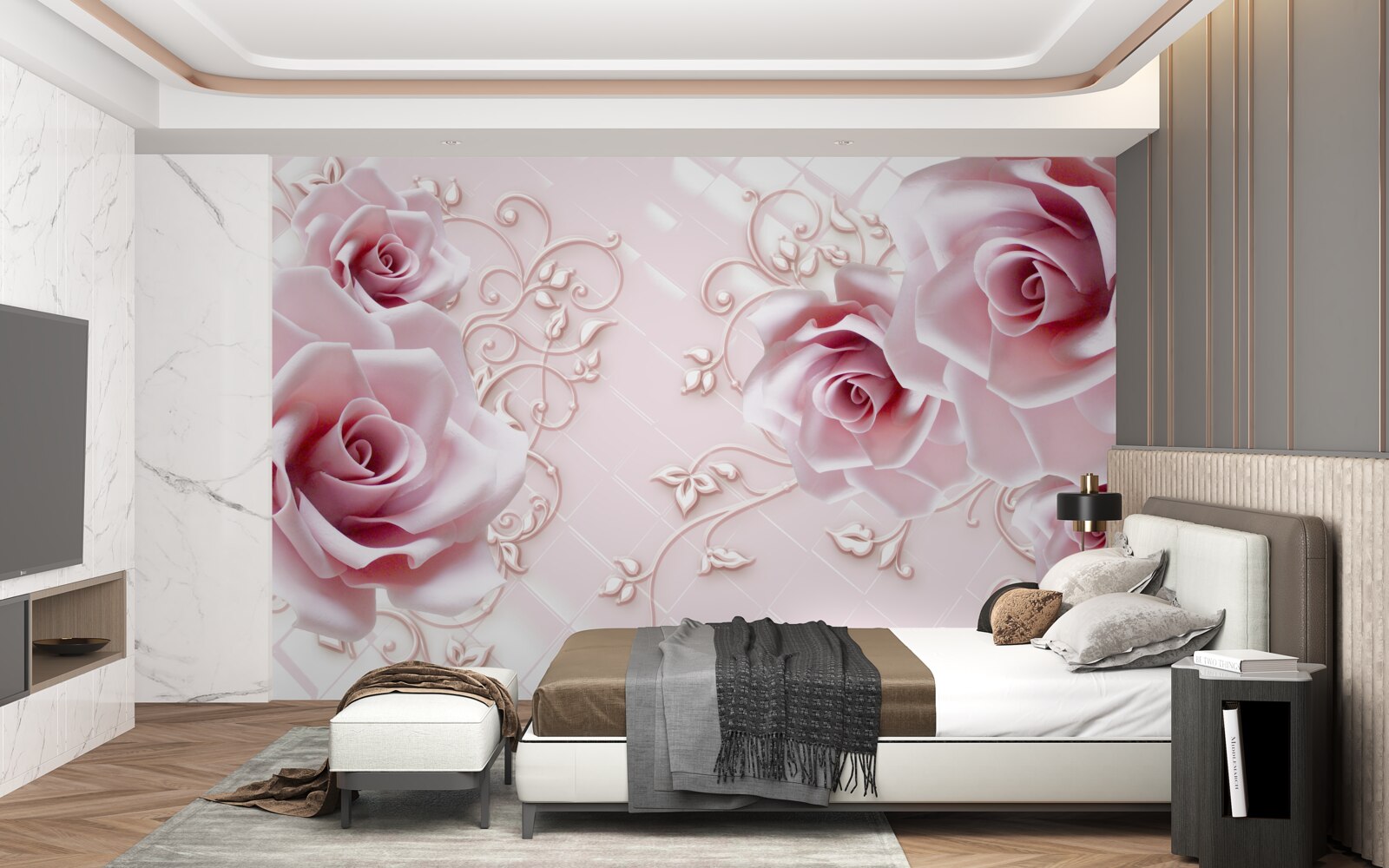Papier peint roses en rose sur fond rose tendre