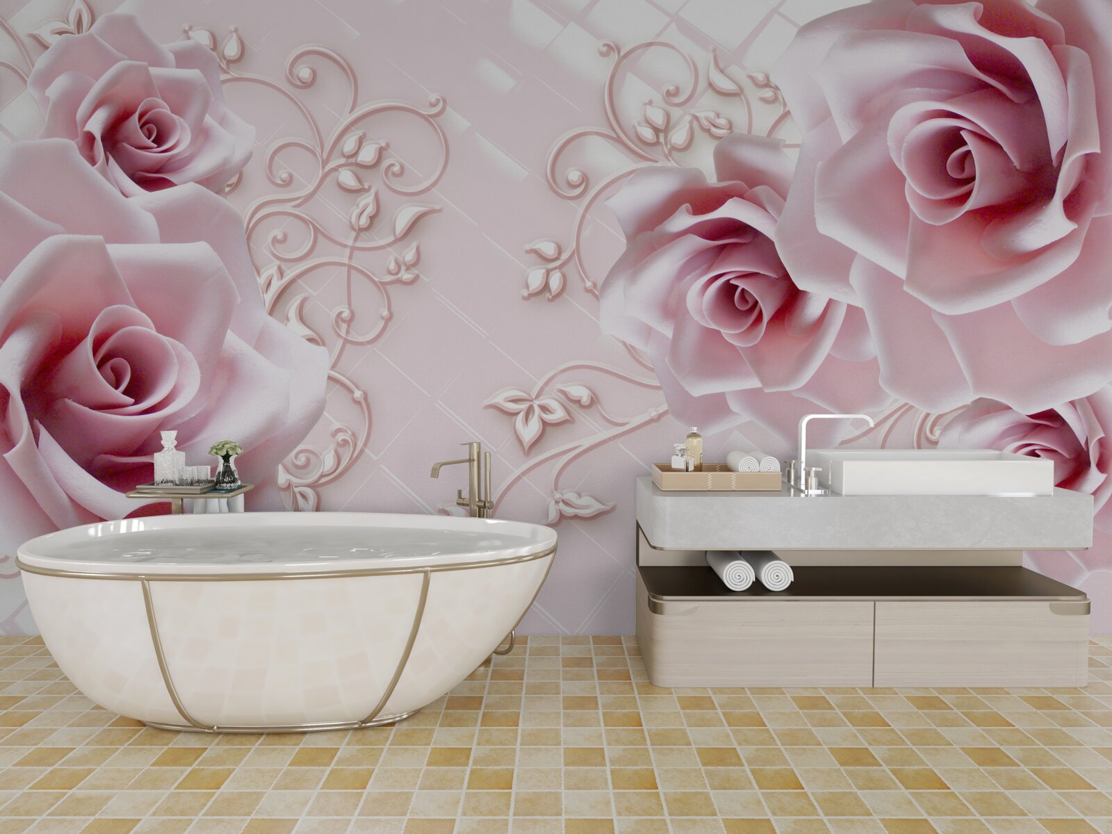 Papier peint roses en rose sur fond rose tendre