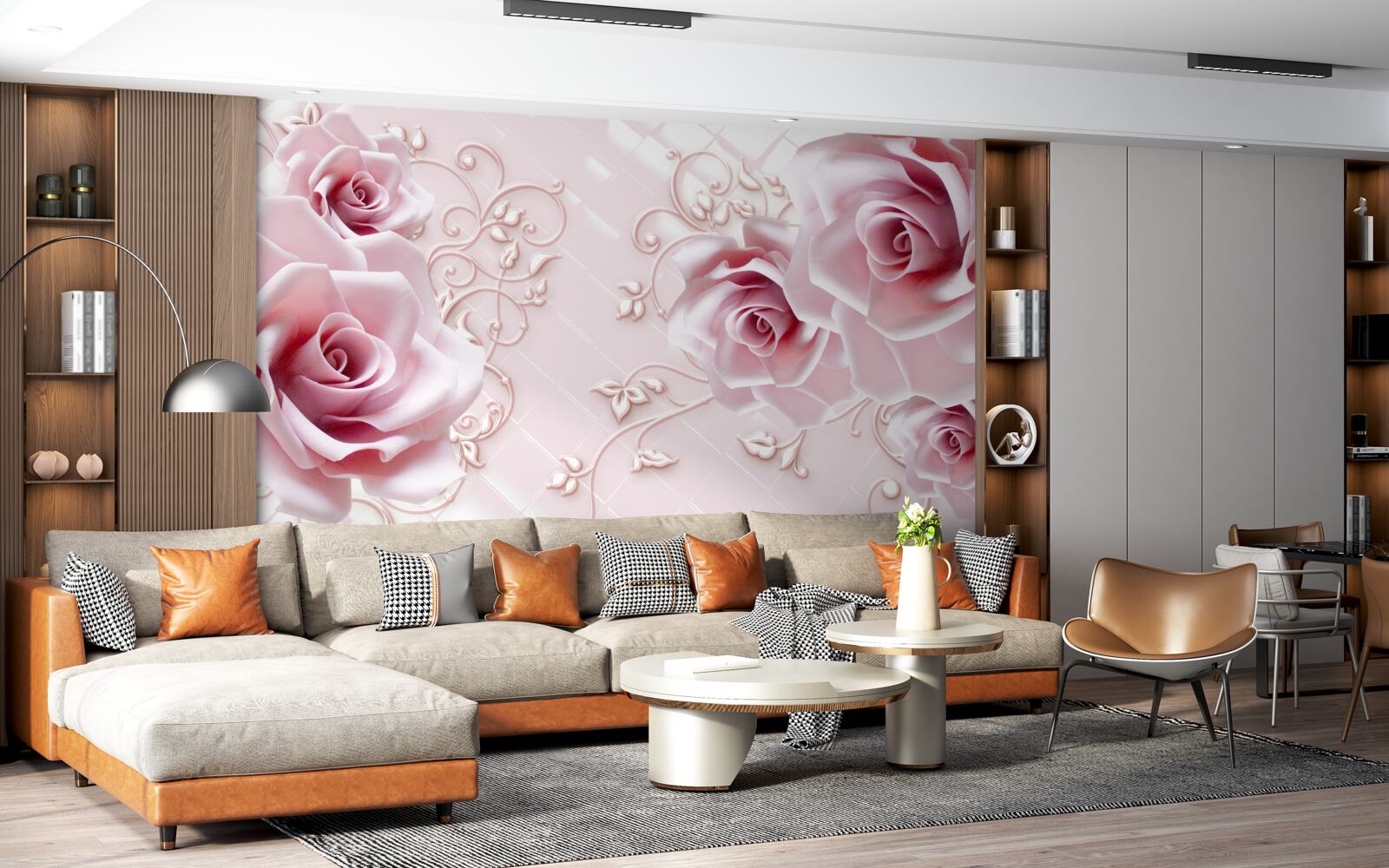 Papier peint roses en rose sur fond rose tendre