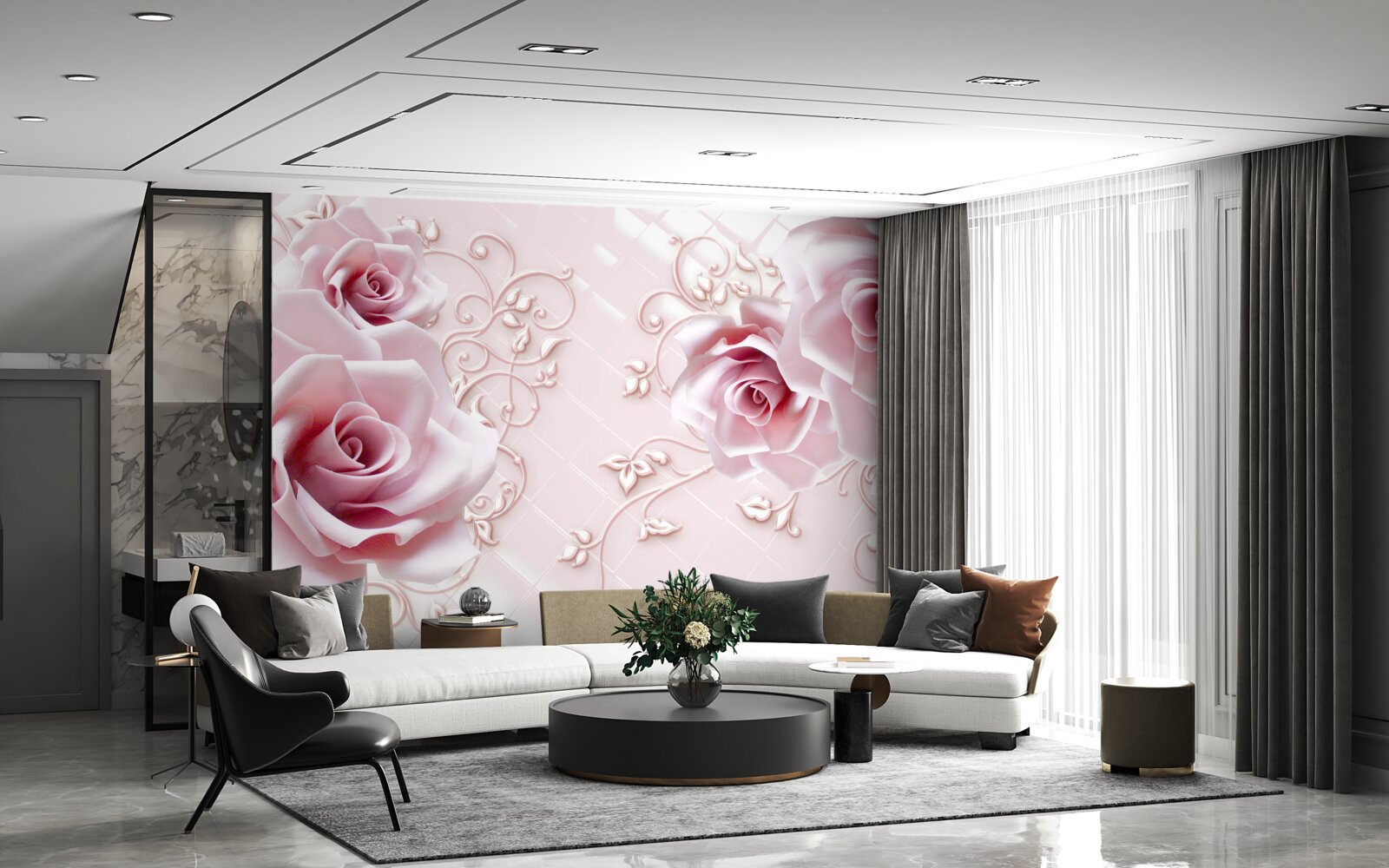 Papier peint roses en rose sur fond rose tendre