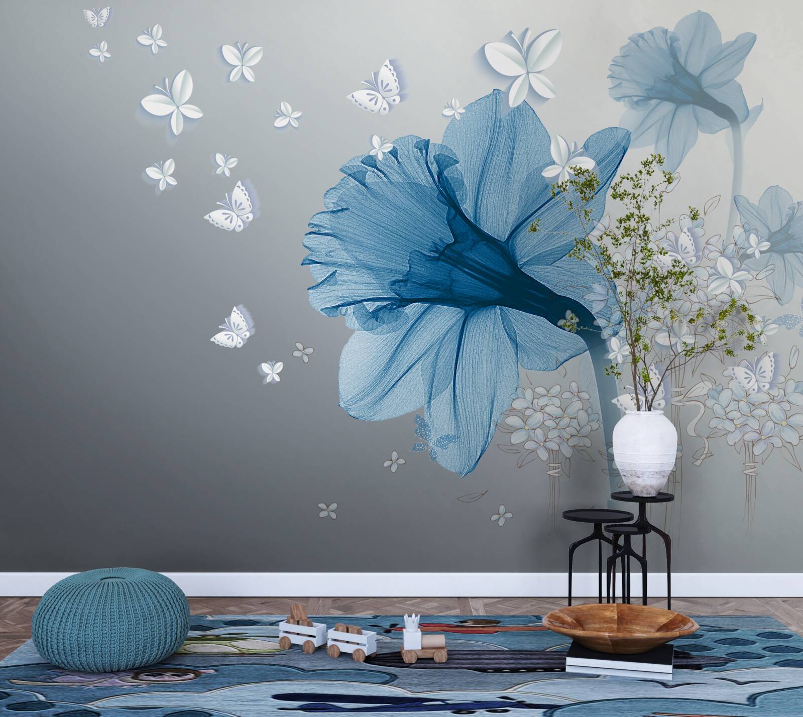 Papier peint les fleurs bleues sont entourées de papillons blancs