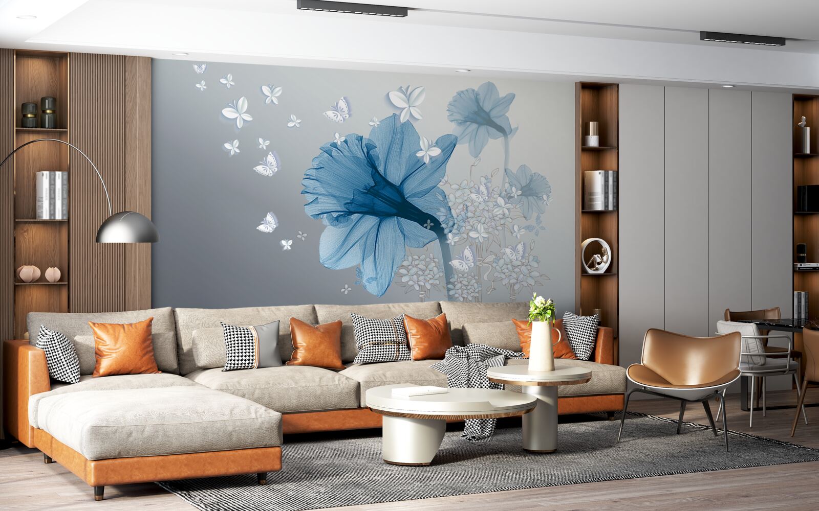 Papier peint les fleurs bleues sont entourées de papillons blancs