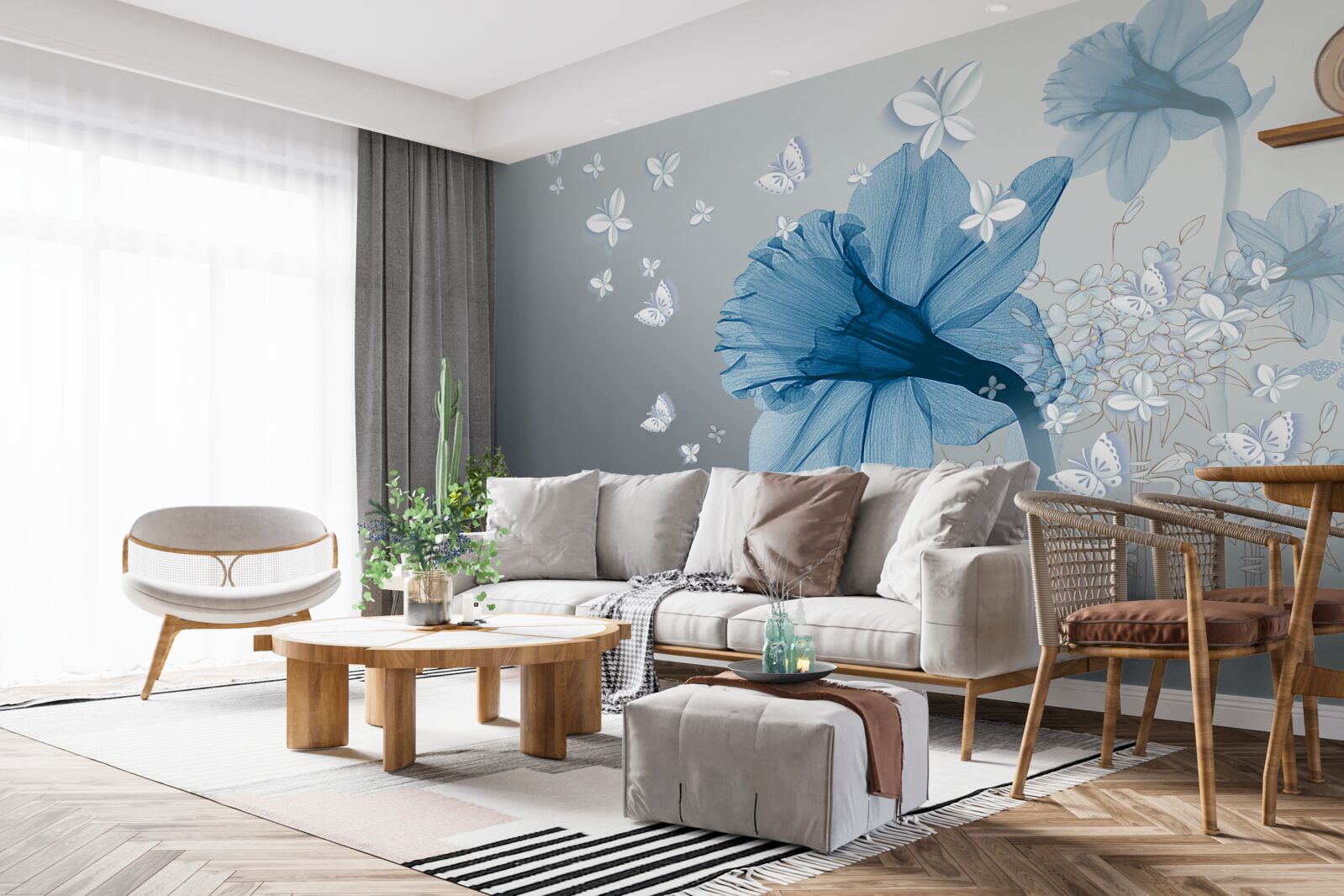 Papier peint les fleurs bleues sont entourées de papillons blancs