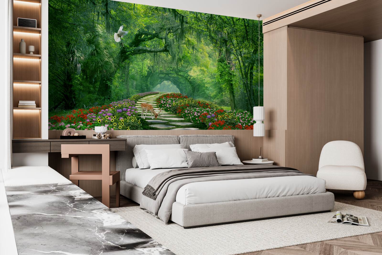 Papier peint un sentier tropical coloré et fleuri à travers la forêt