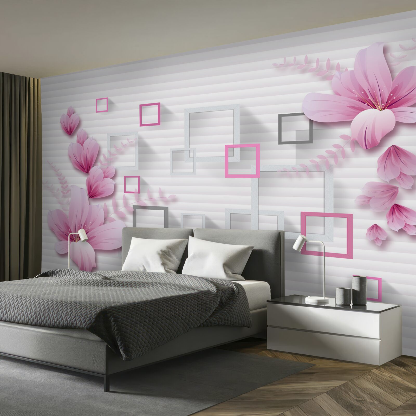 Papier peint carrés et fleurs lilas sur brique blanche