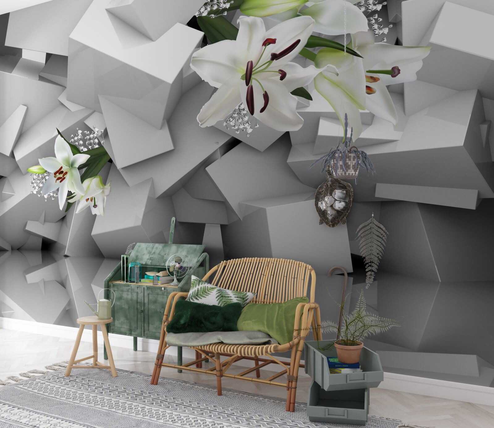 Papier peint fond géométrique décoré de boutons de lys blancs