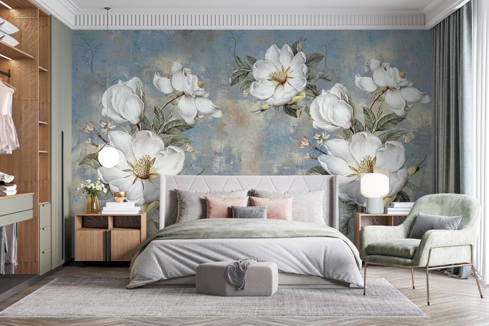 Papier peint Fleurs blanches sur un mur en béton peint