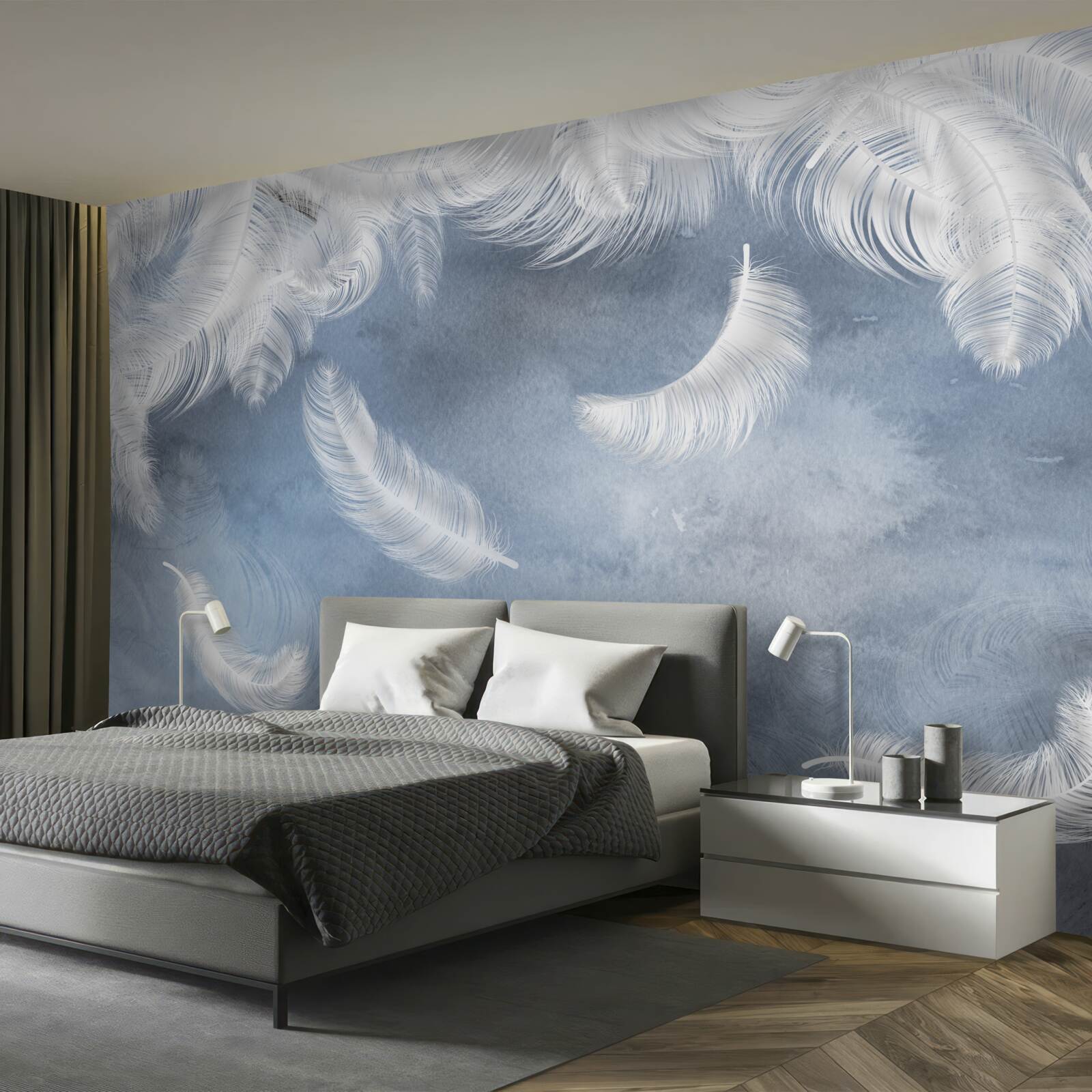 Papier peint les plumes volent blanc neige sur un ciel bleu