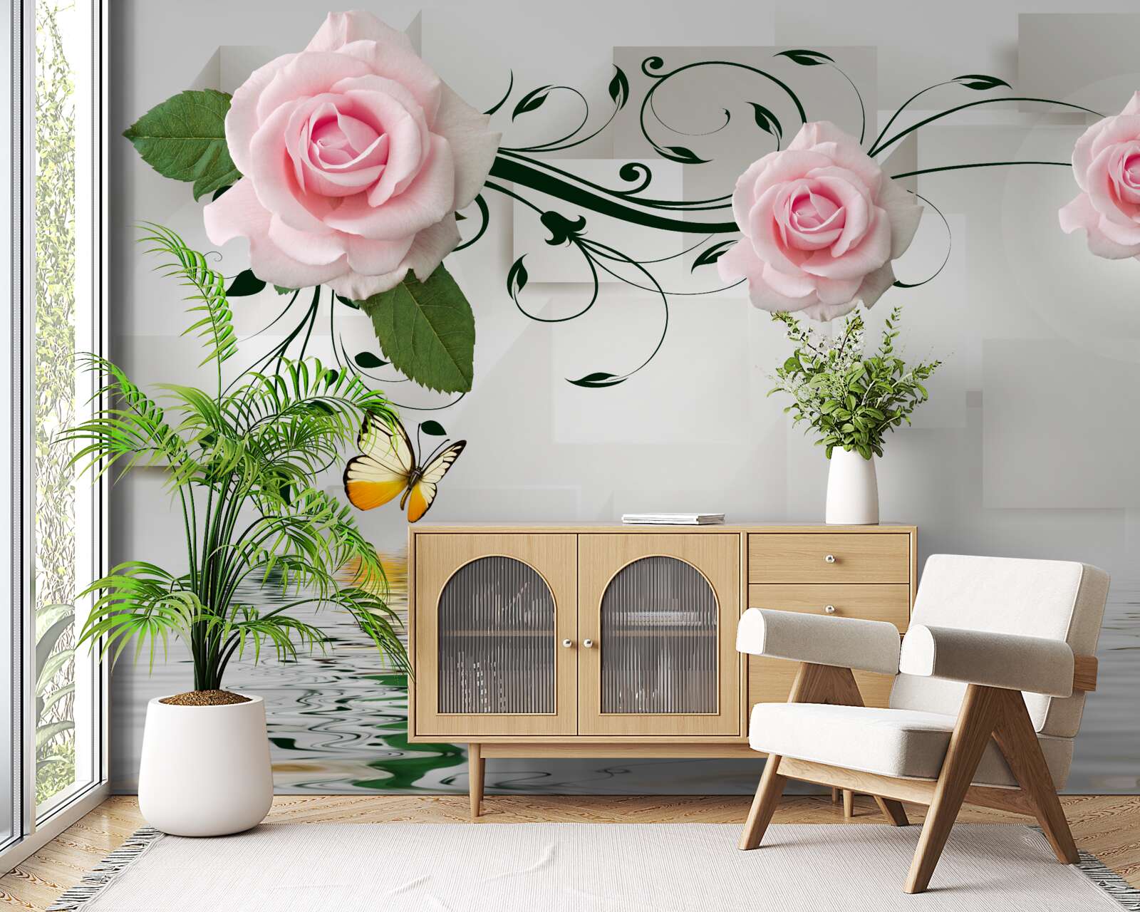 Papier peint papillons bruns et roses roses au-dessus de la surface de l'eau