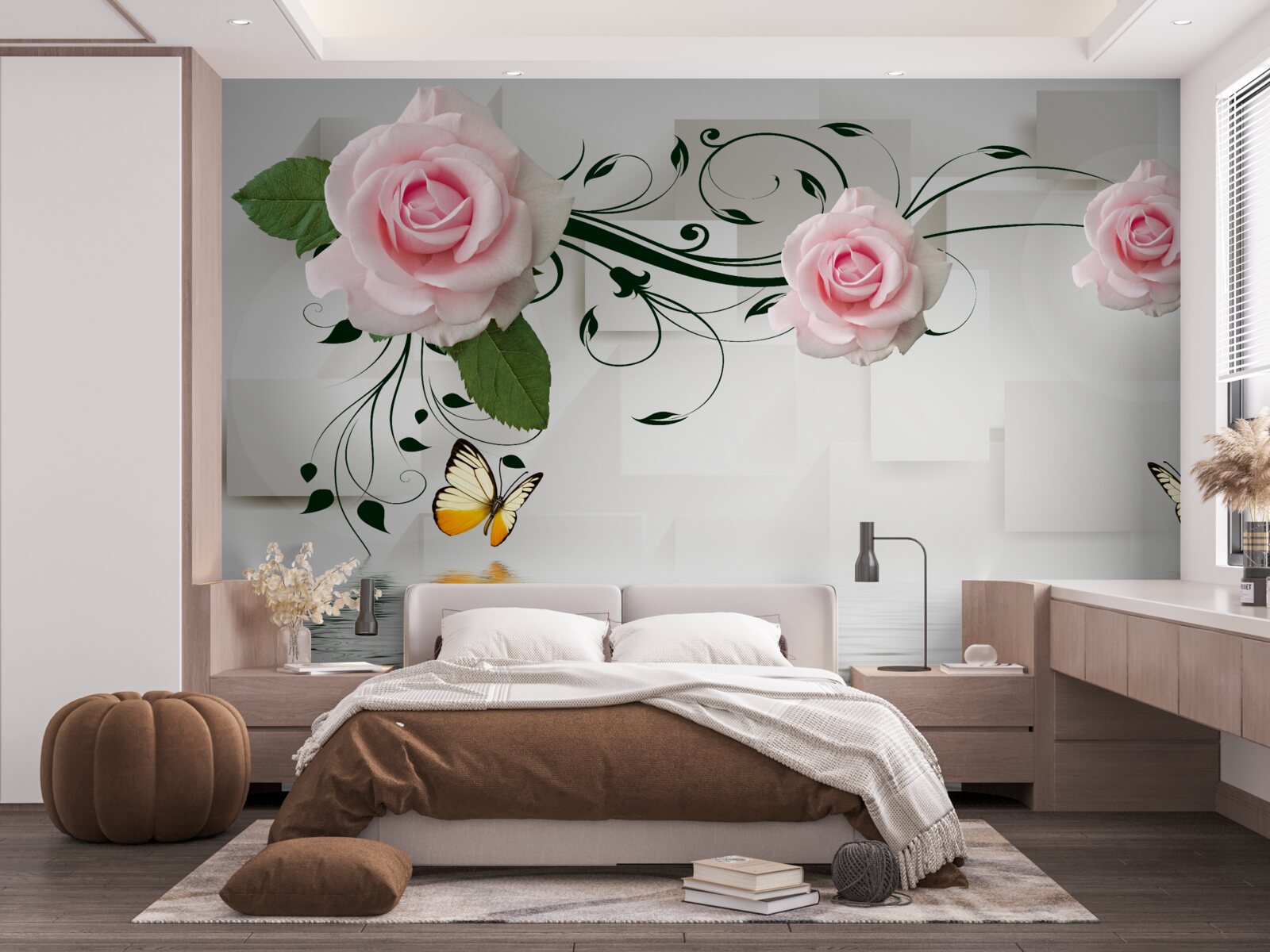Papier peint papillons bruns et roses roses au-dessus de la surface de l'eau
