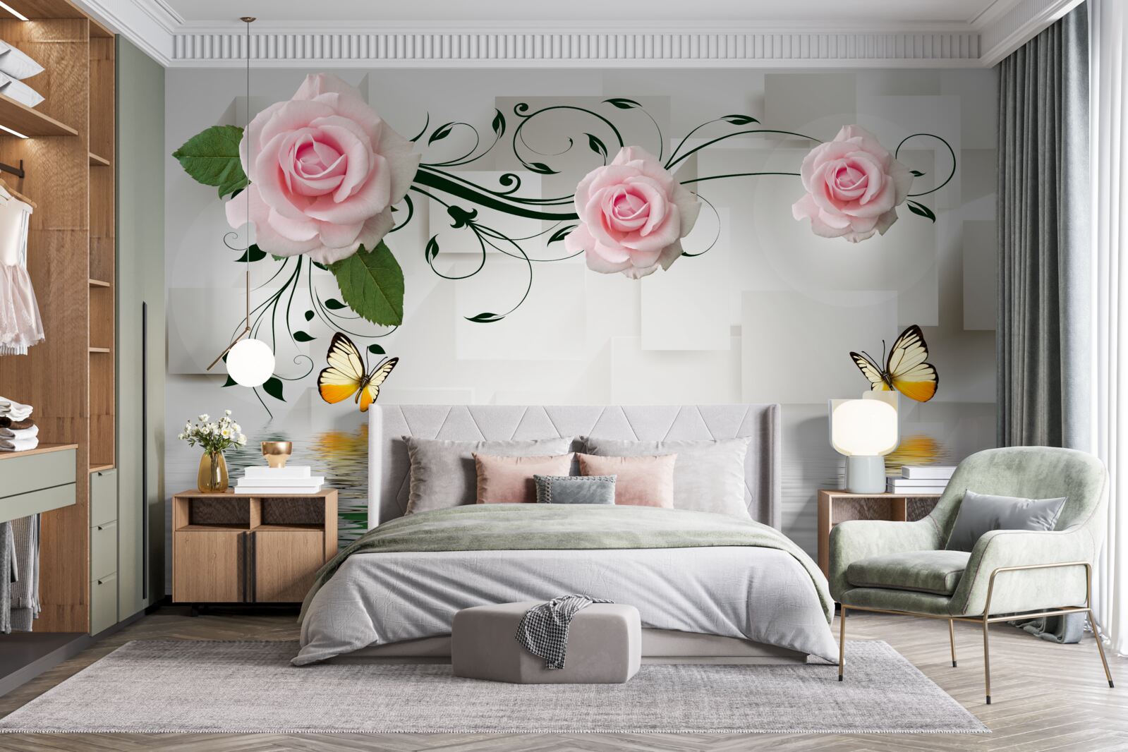 Papier peint papillons bruns et roses roses au-dessus de la surface de l'eau