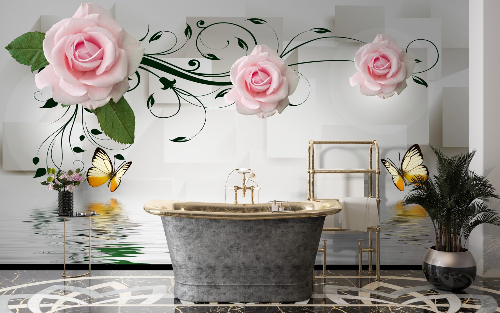 Papier peint papillons bruns et roses roses au-dessus de la surface de l'eau