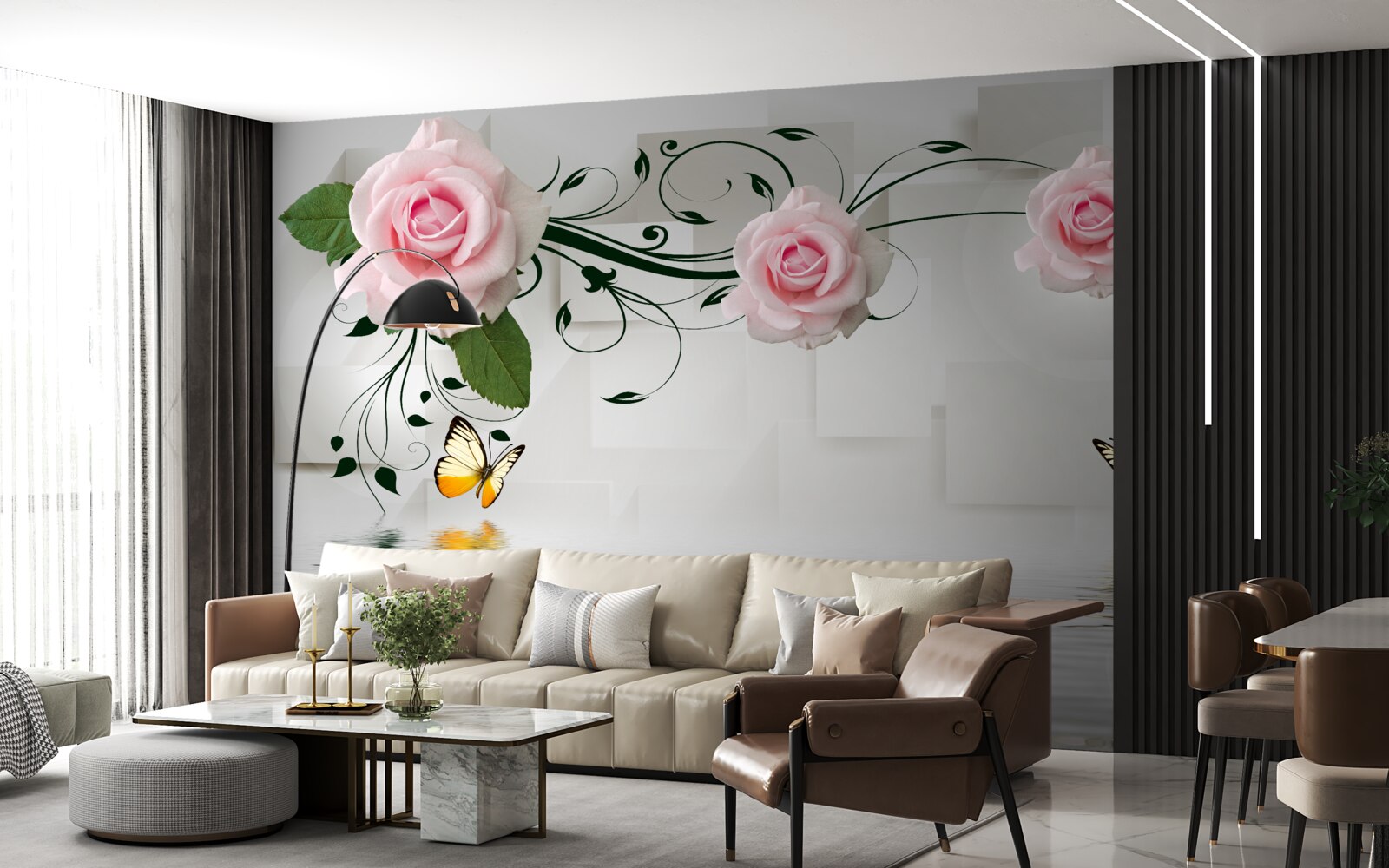 Papier peint papillons bruns et roses roses au-dessus de la surface de l'eau