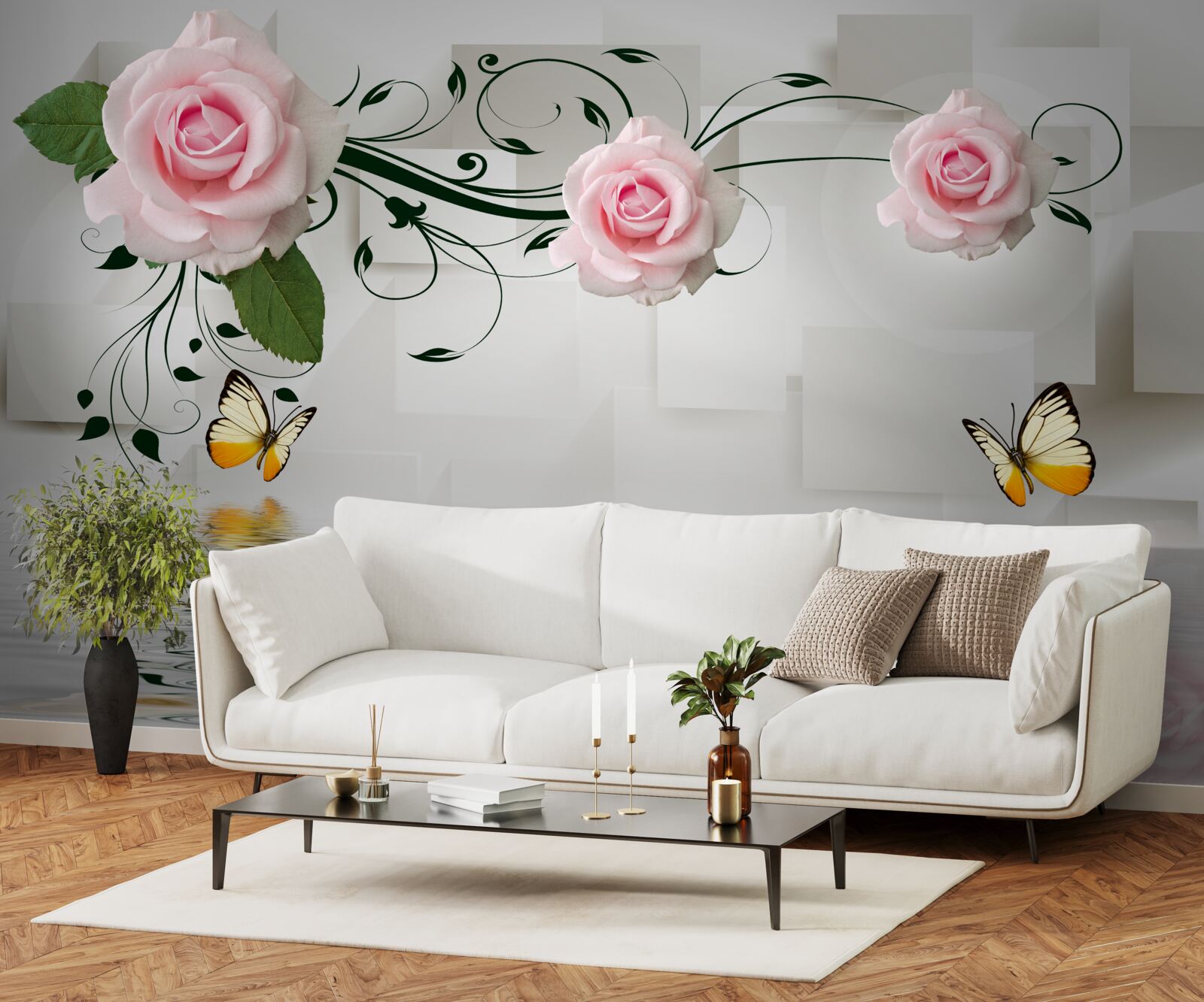 Papier peint papillons bruns et roses roses au-dessus de la surface de l'eau