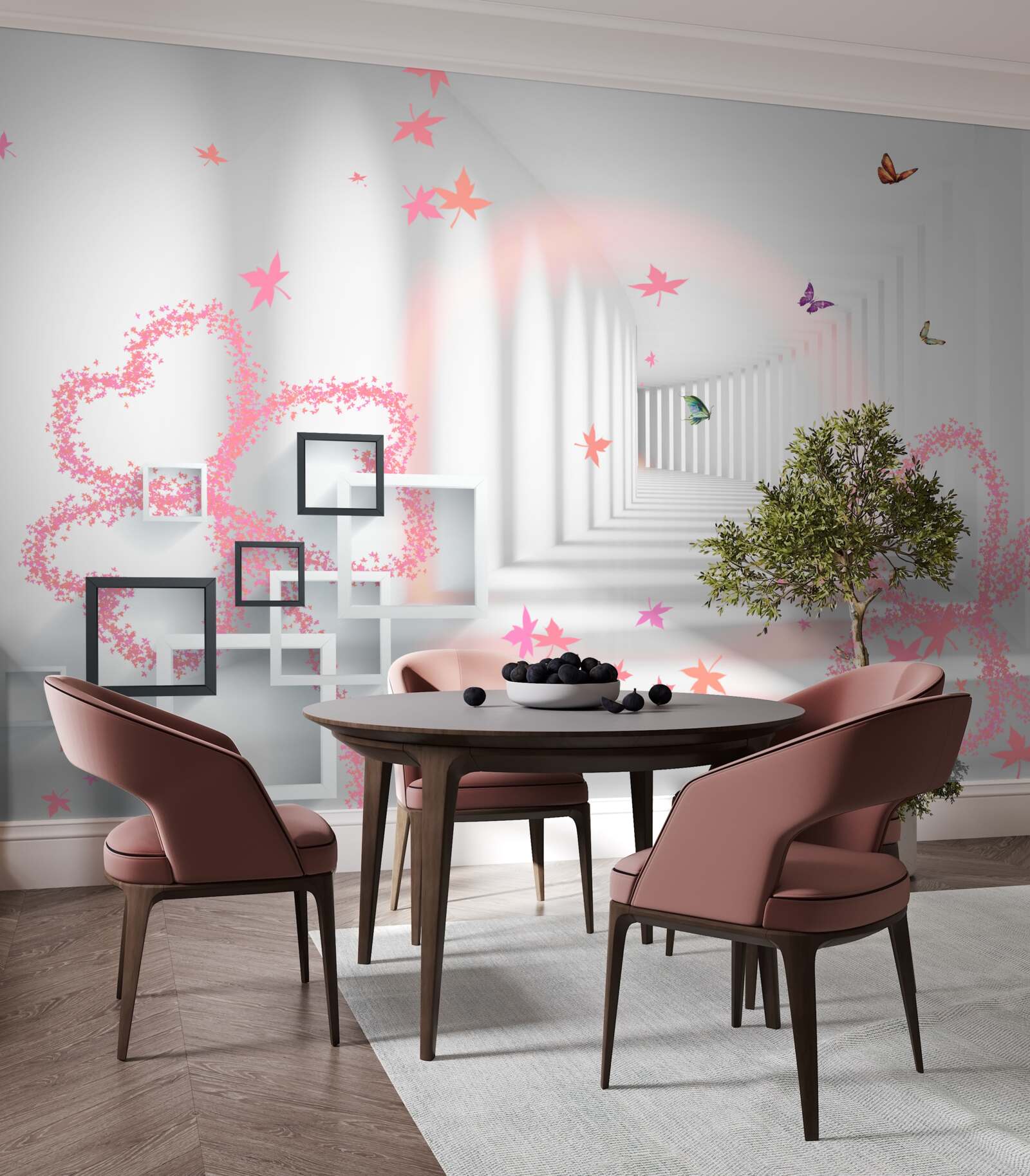 Papier peint papillons abstraits en forme de cœurs roses