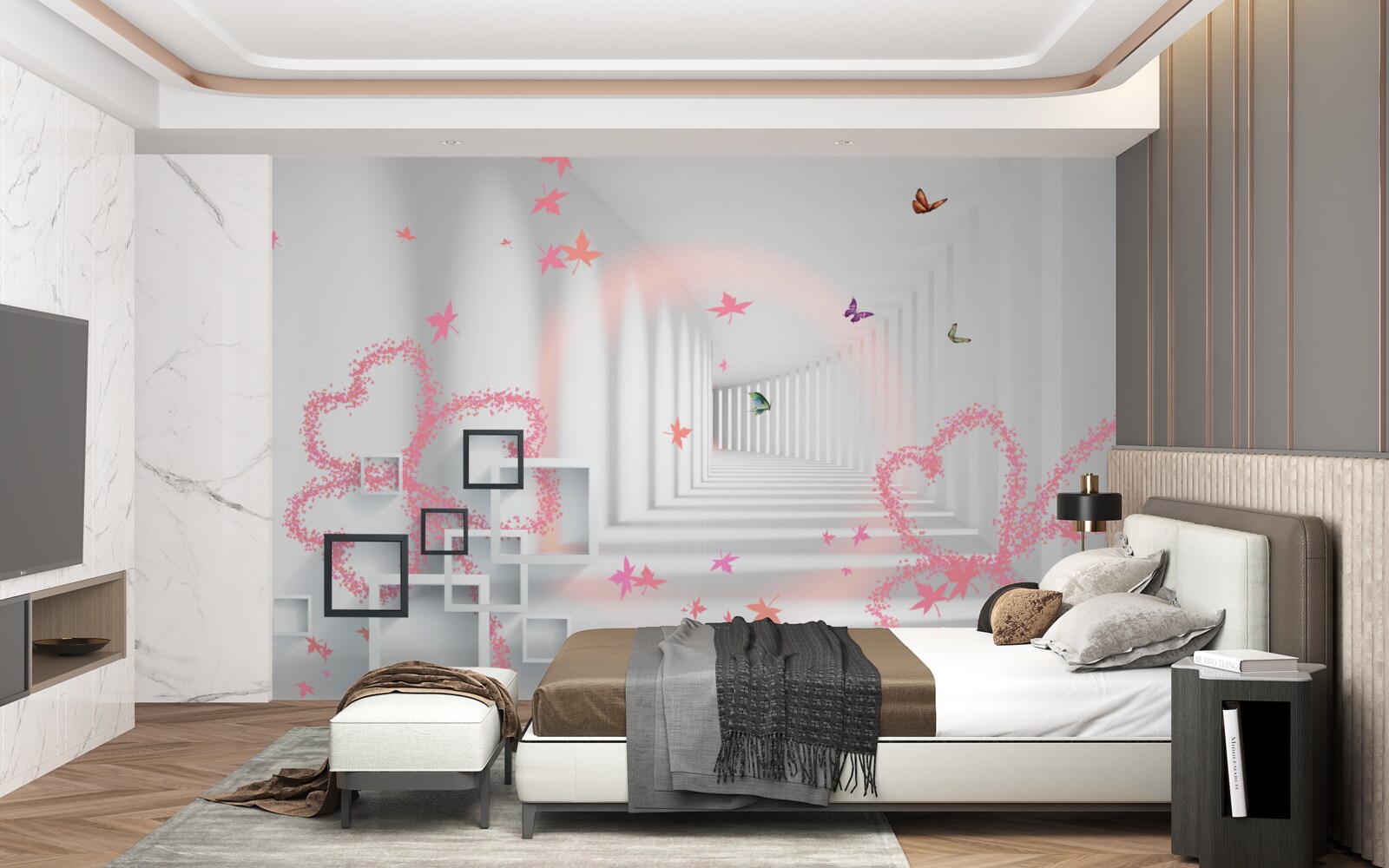 Papier peint papillons abstraits en forme de cœurs roses