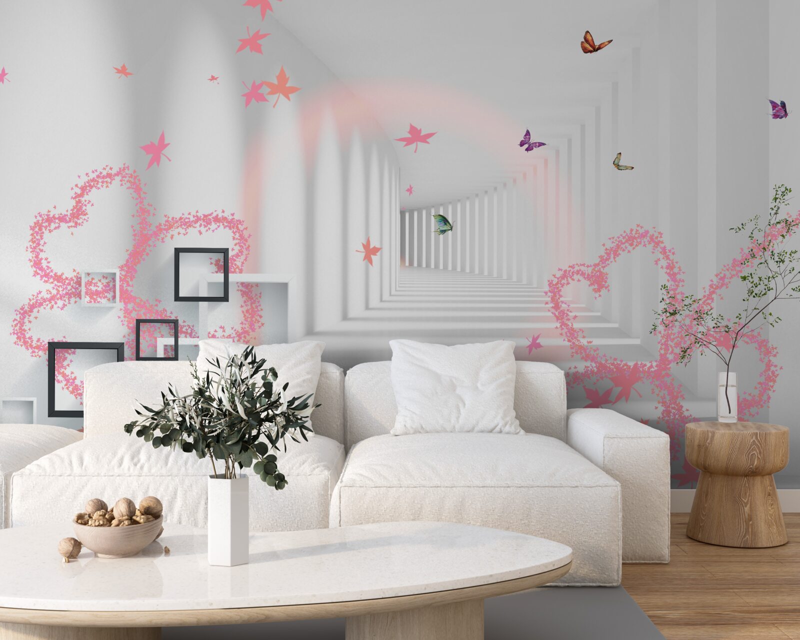 Papier peint papillons abstraits en forme de cœurs roses
