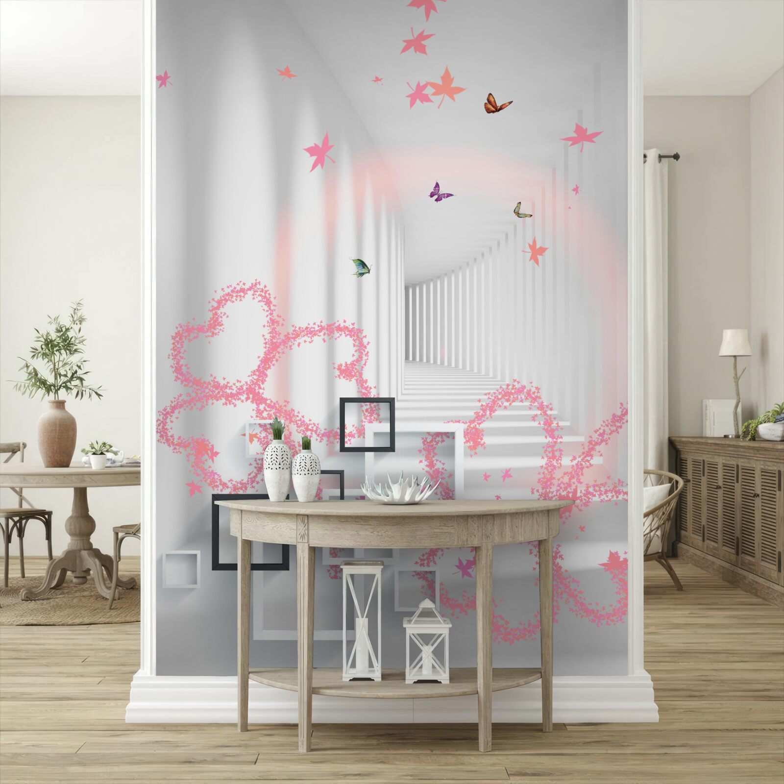 Papier peint des cœurs abstraits en forme de papillons vous accueillent dans le couloir