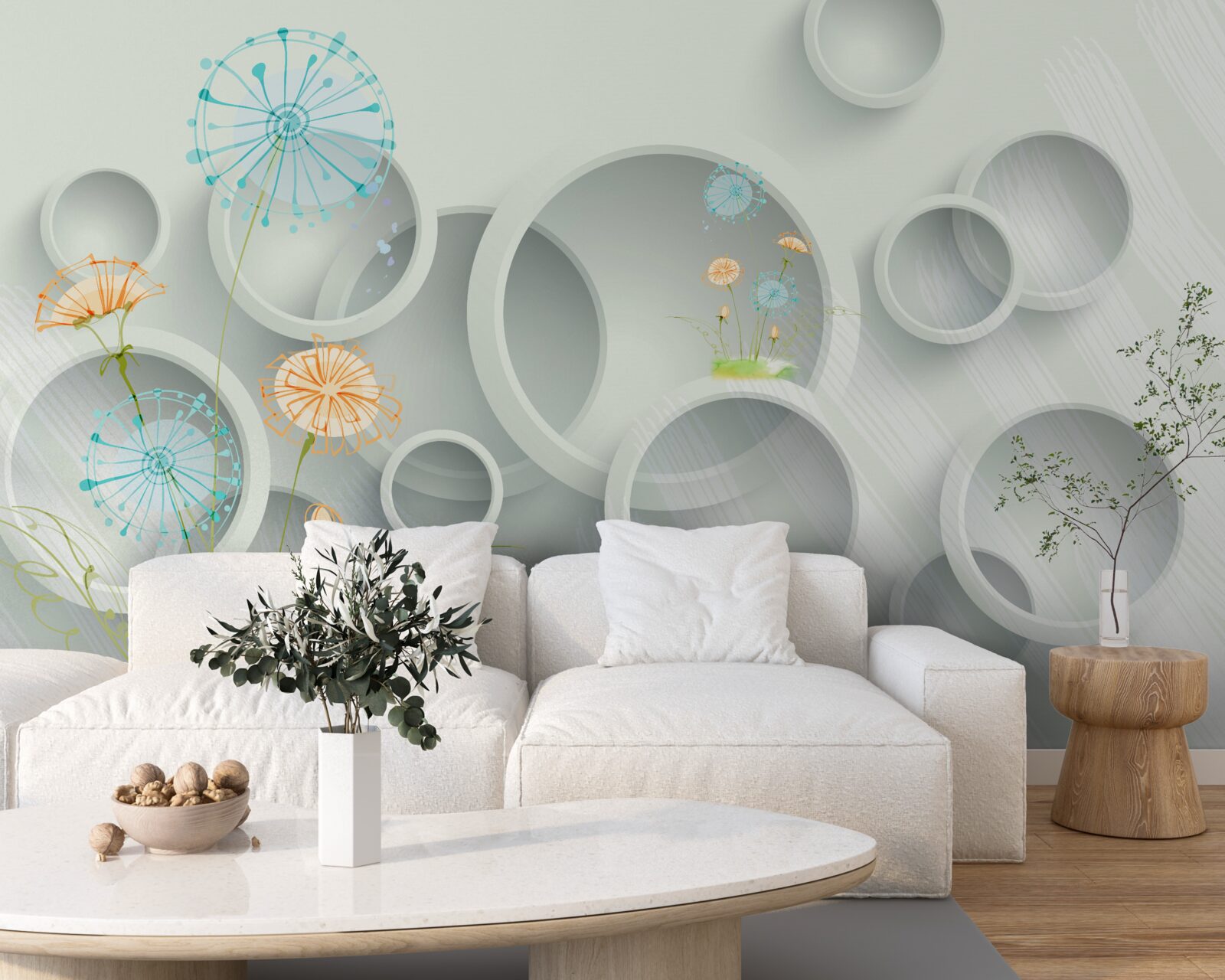 Papier peint sur fond de cercles dans le pré, les pissenlits fleurissent