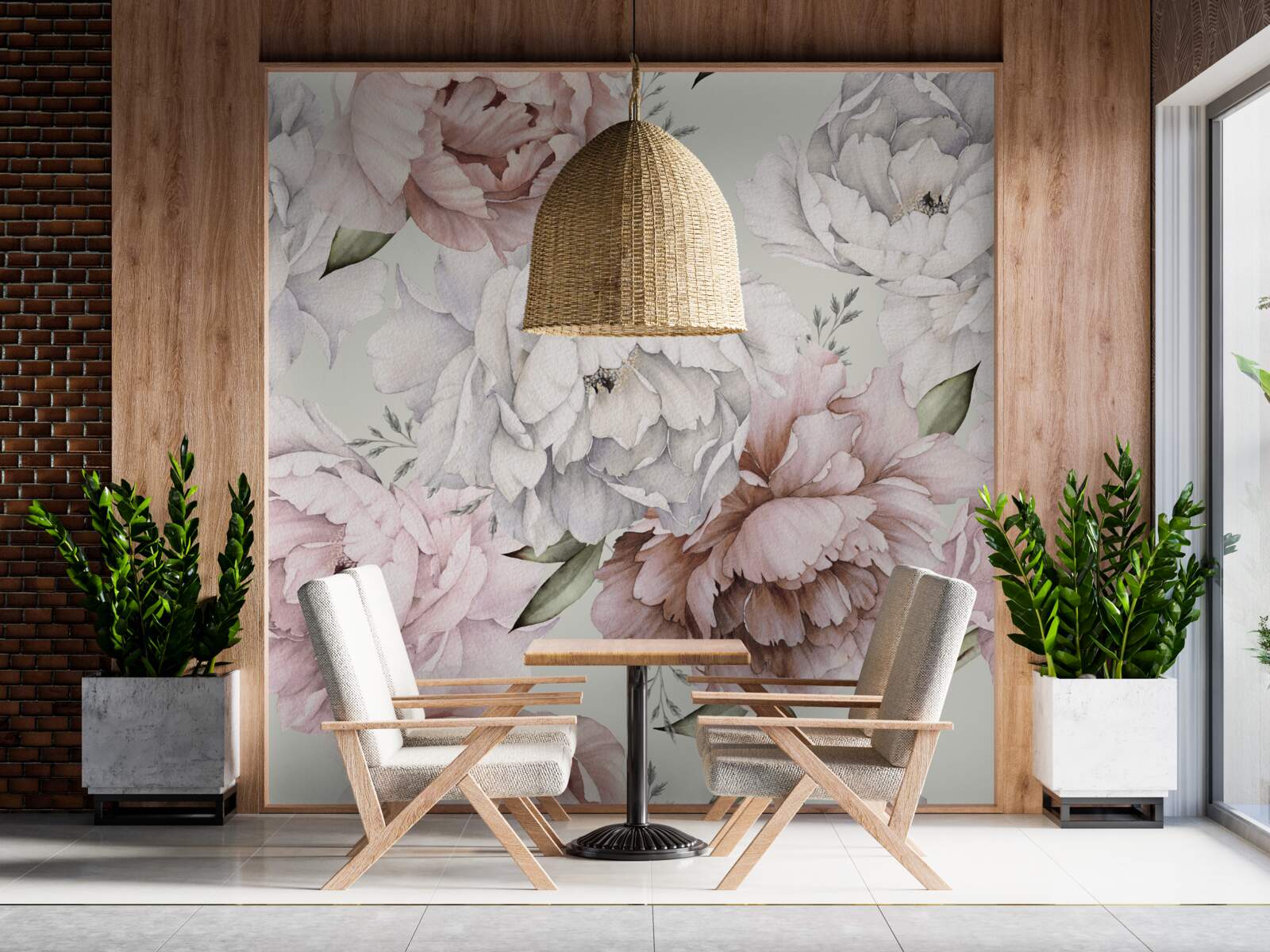 Papier peint grandes pivoines dans des tons délicats