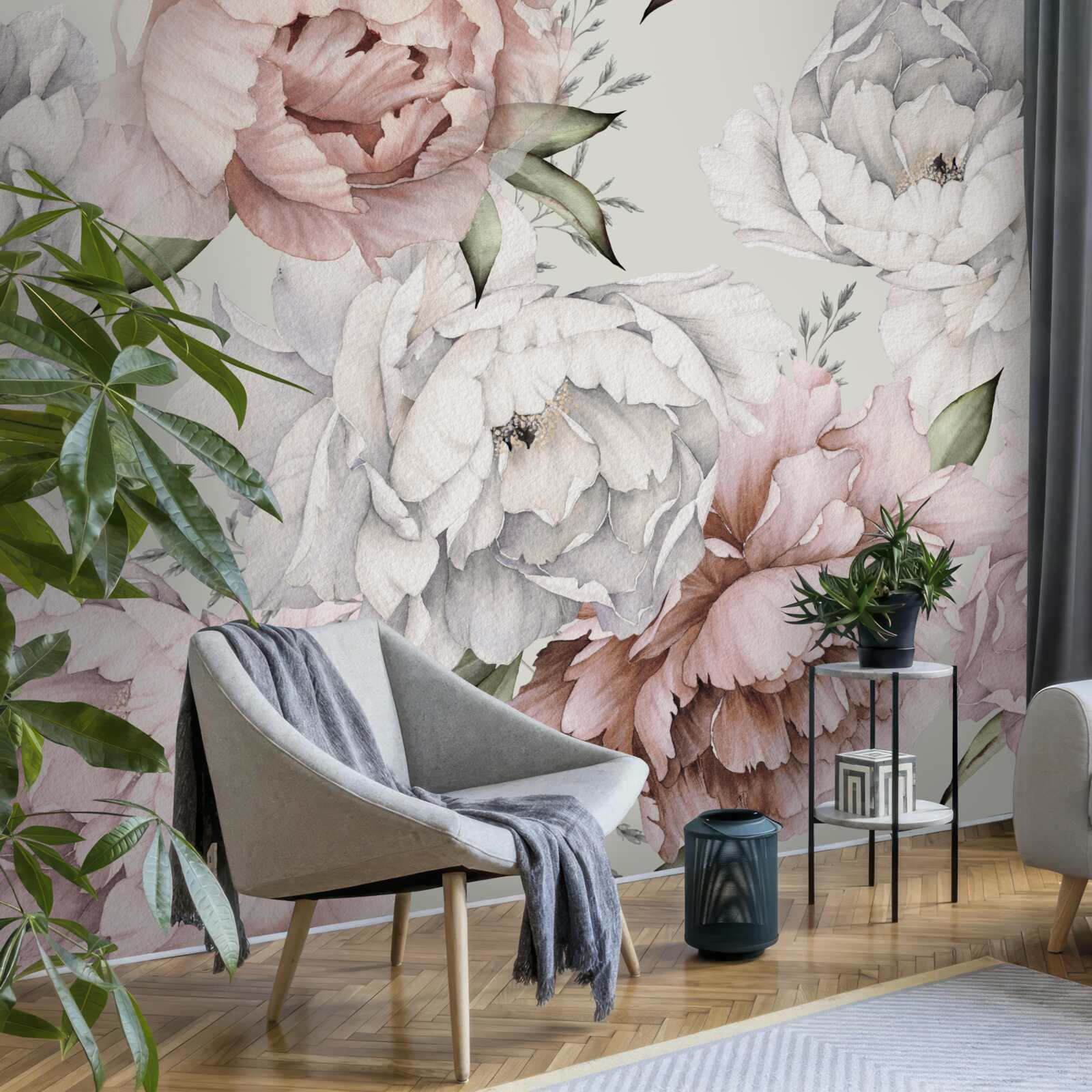 Papier peint grandes pivoines dans des tons délicats