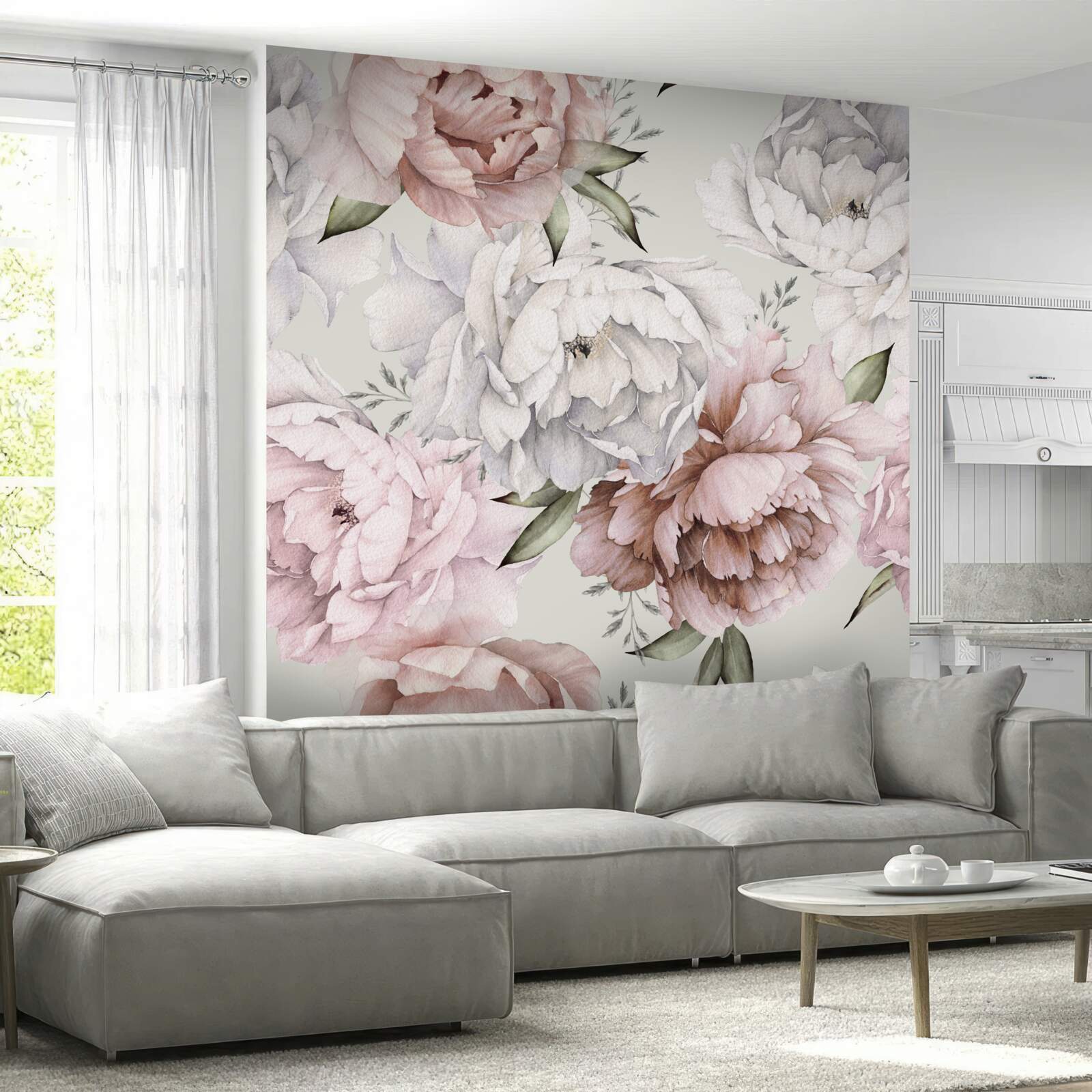 Papier peint grandes pivoines dans des tons délicats