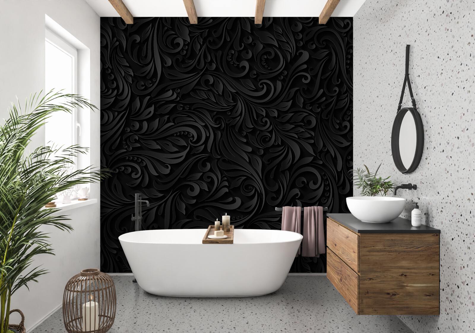 Papier peint feuilles texturées et fleurs noires