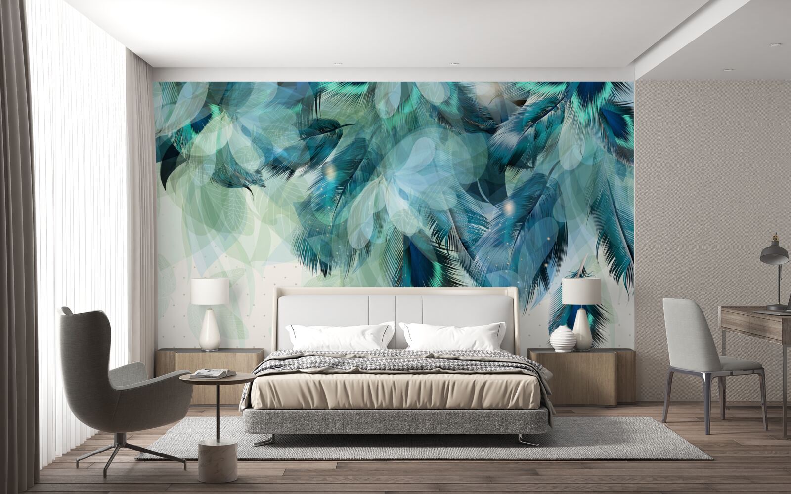 Papier peint légèreté aérienne des plumes turquoises