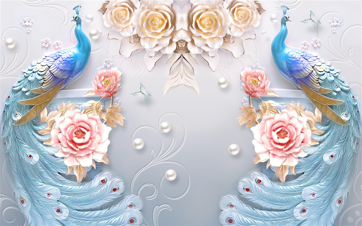 Papier peint deux beaux paons et des roses en rose