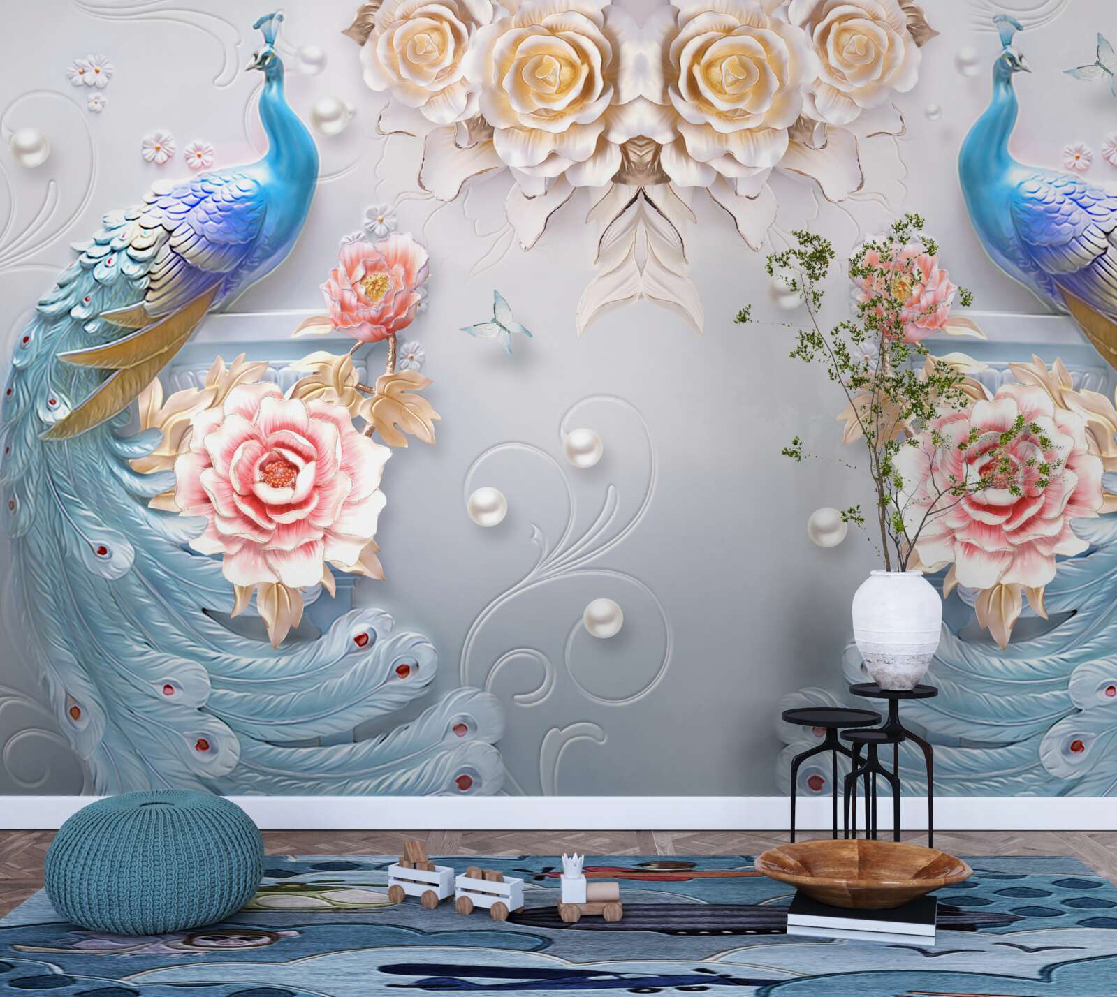 Papier peint deux beaux paons et des roses en rose