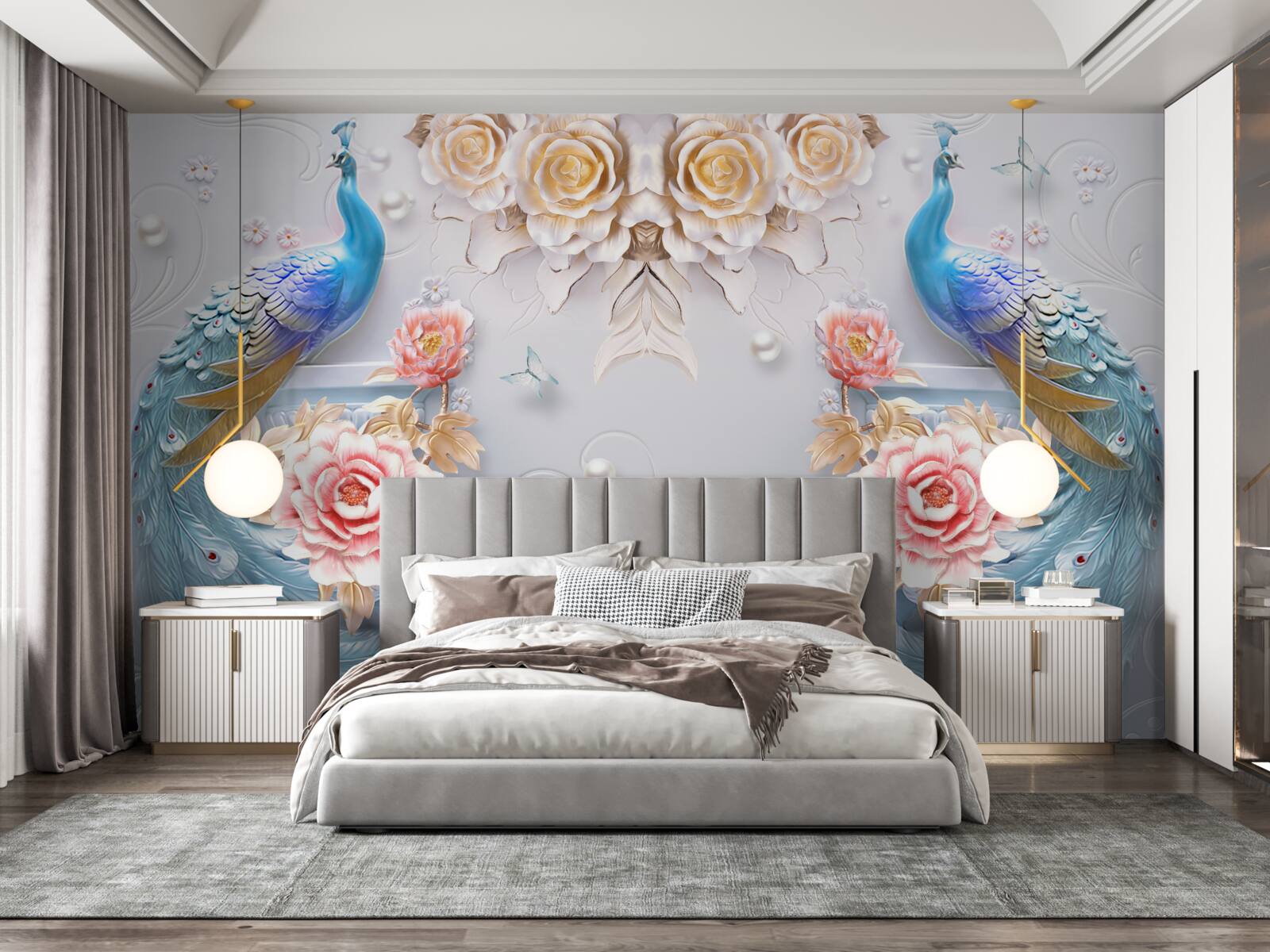 Papier peint deux beaux paons et des roses en rose