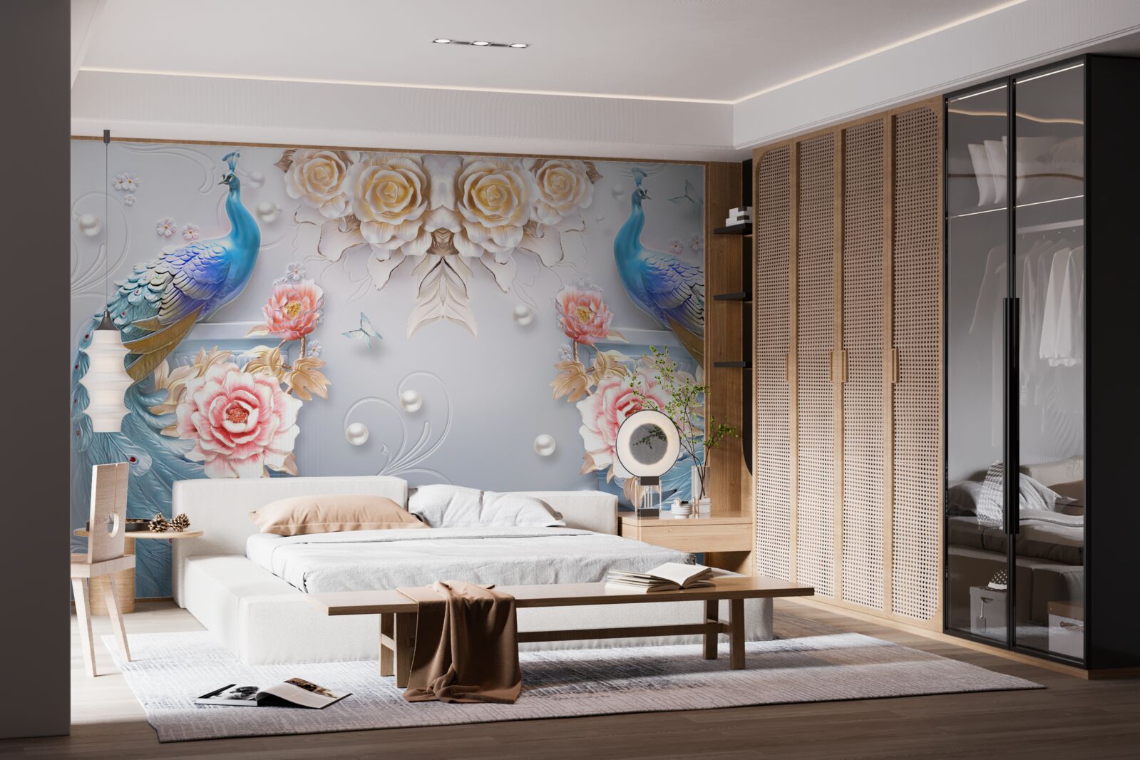 Papier peint deux beaux paons et des roses en rose