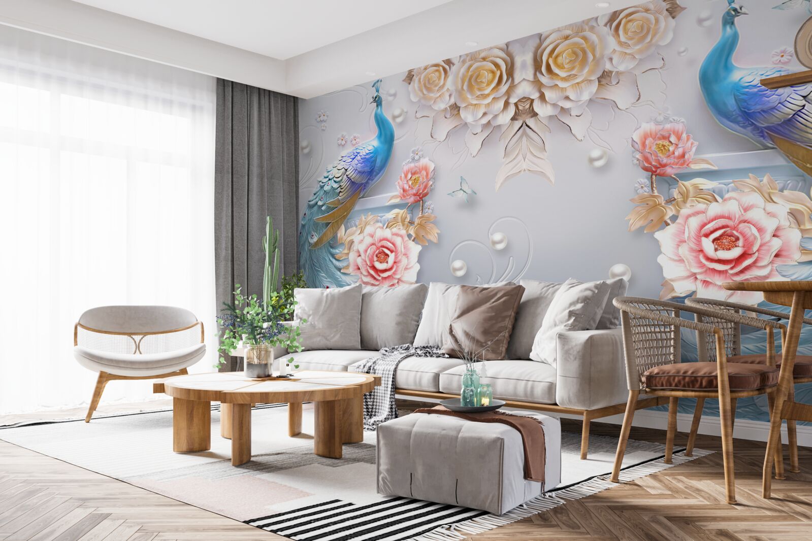 Papier peint deux beaux paons et des roses en rose