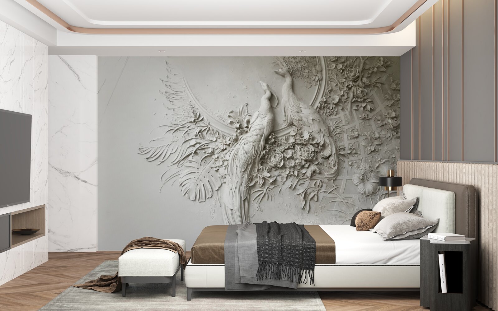Papier peint l'arbre à fleurs est décoré de paons