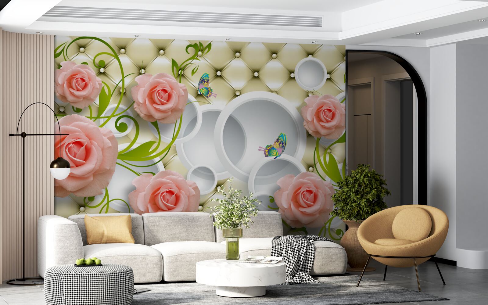 Papier peint roses roses tendres avec tiges vertes