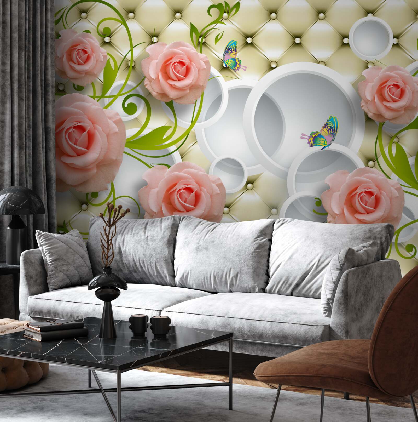 Papier peint roses roses tendres avec tiges vertes