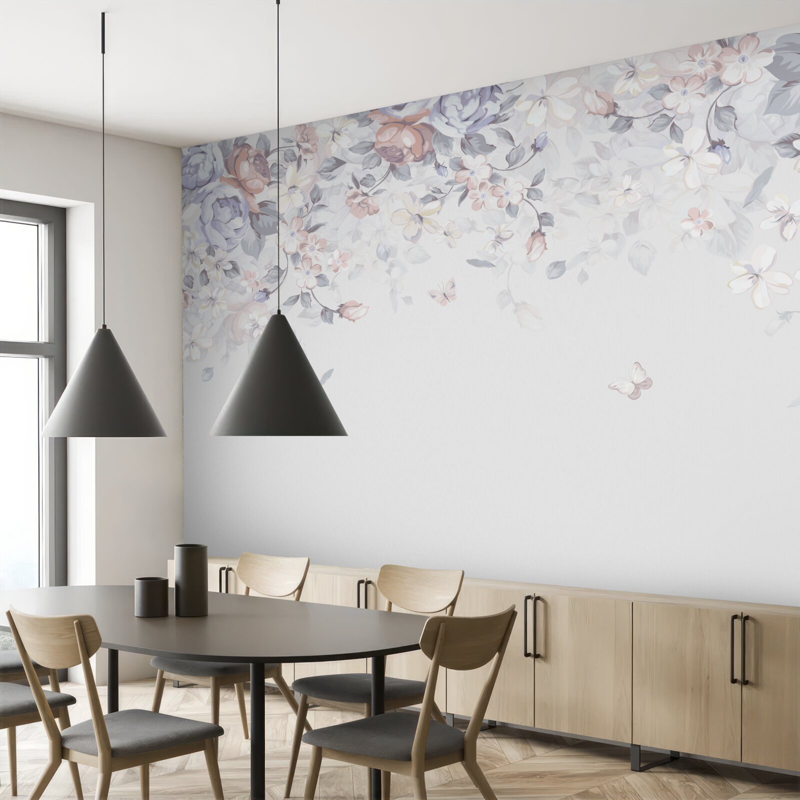 Papier peint le fond blanc est décoré de fleurs douces