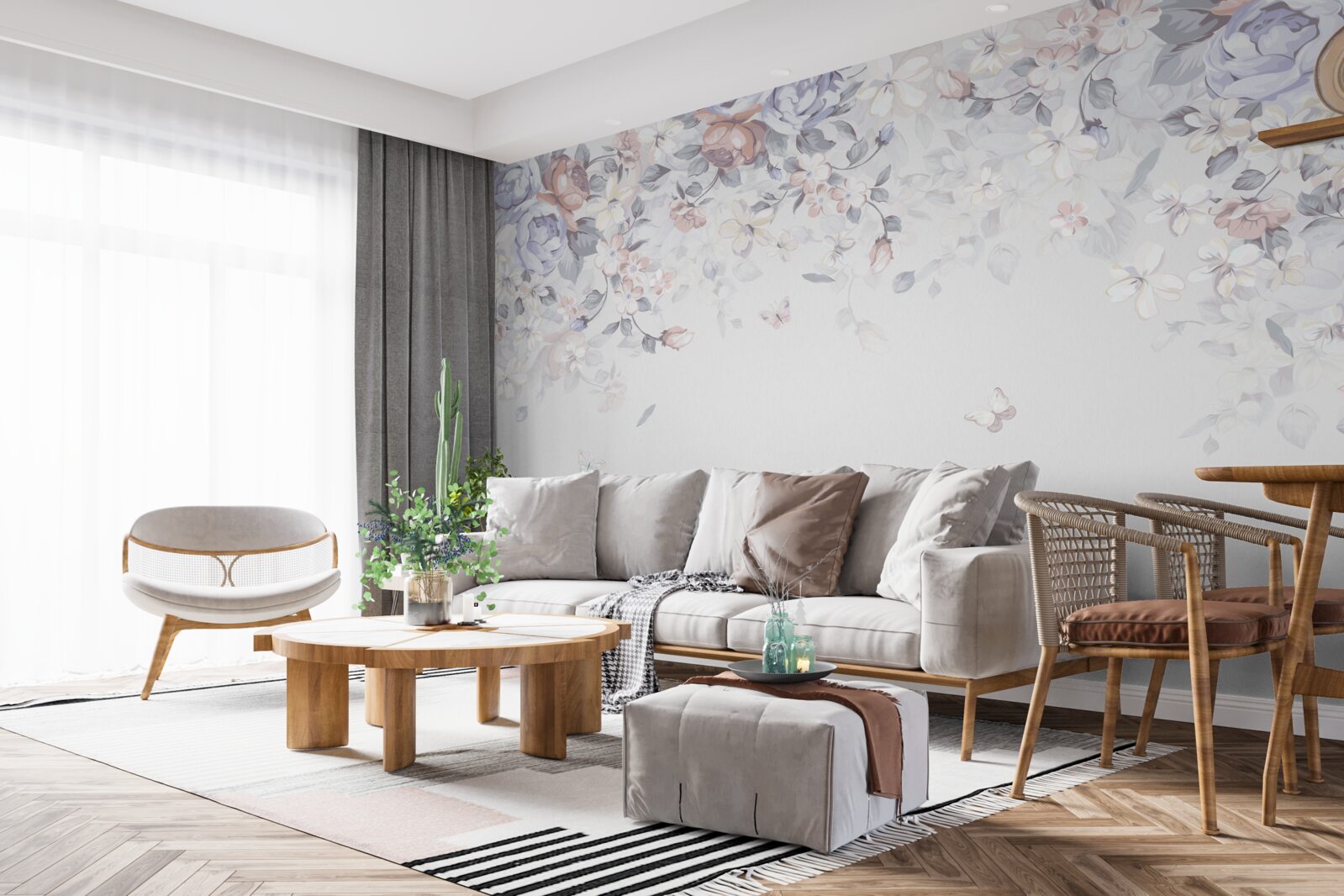 Papier peint le fond blanc est décoré de fleurs douces
