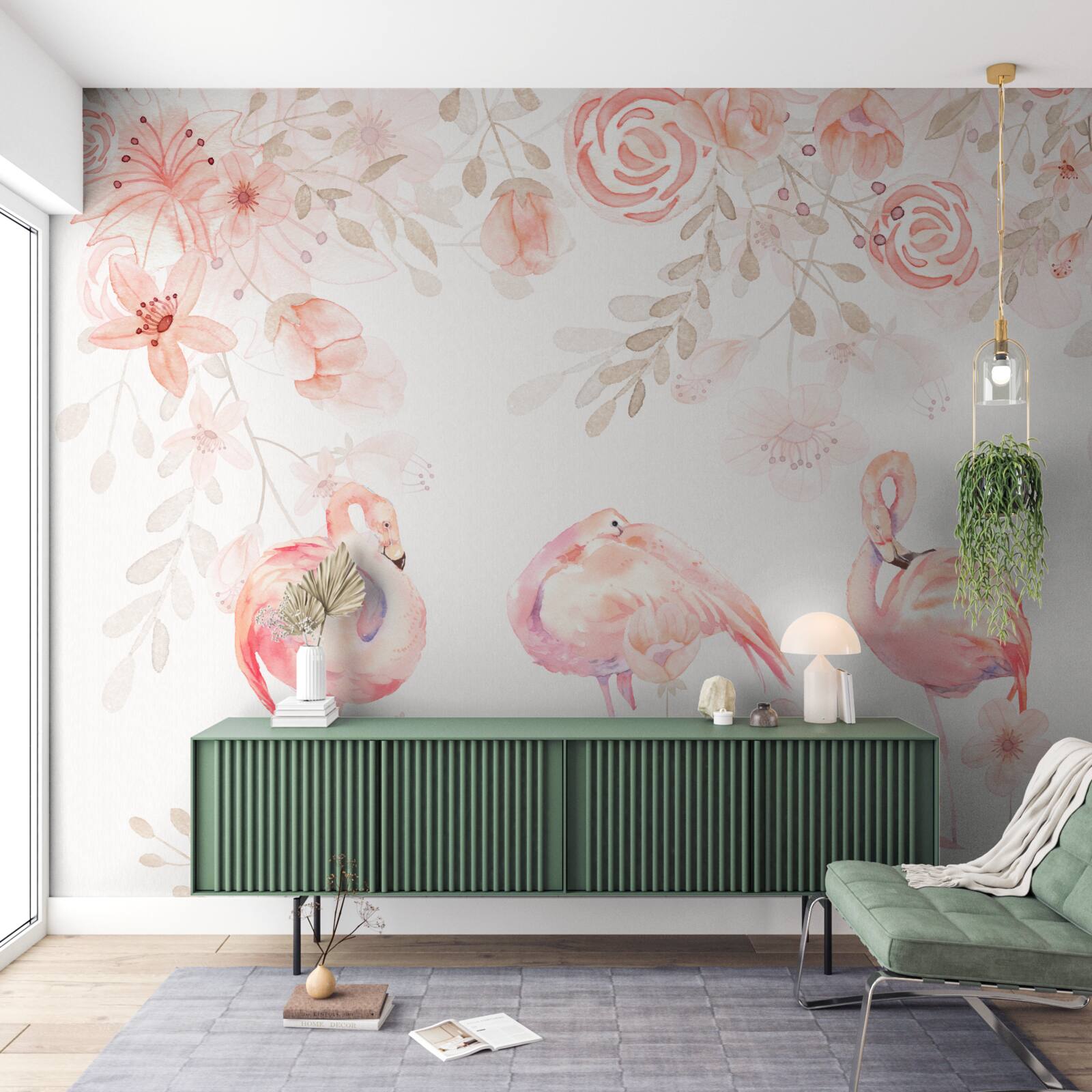 Papier peint flamants roses et bourgeons