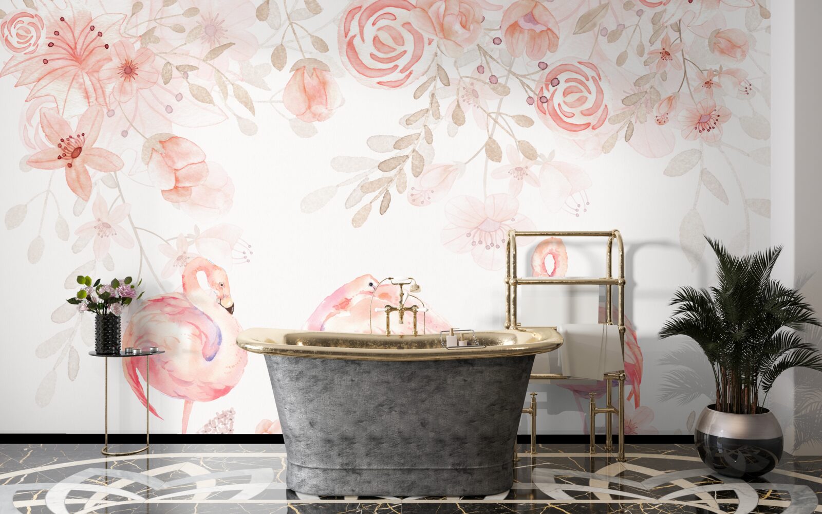 Papier peint flamants roses et bourgeons