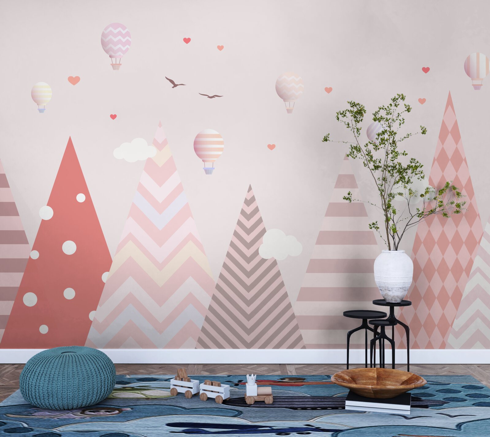 Papier peint montagnes roses décorées de ballons