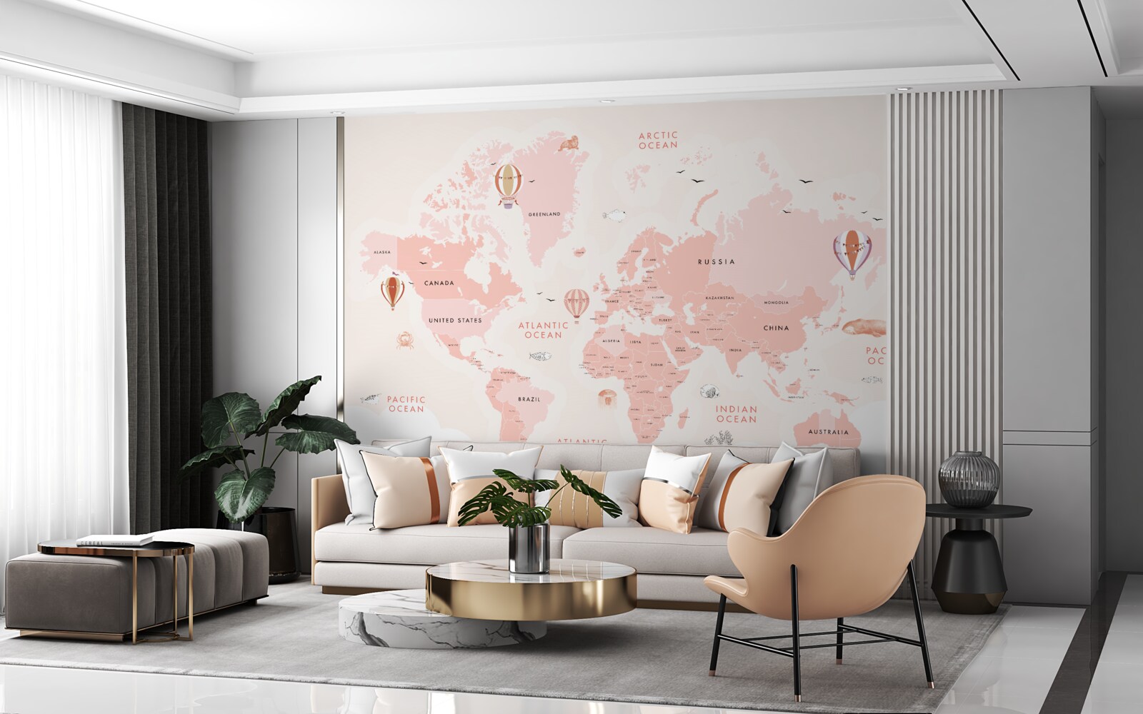 Papier peint atlas des planètes présenté dans une palette de couleurs roses