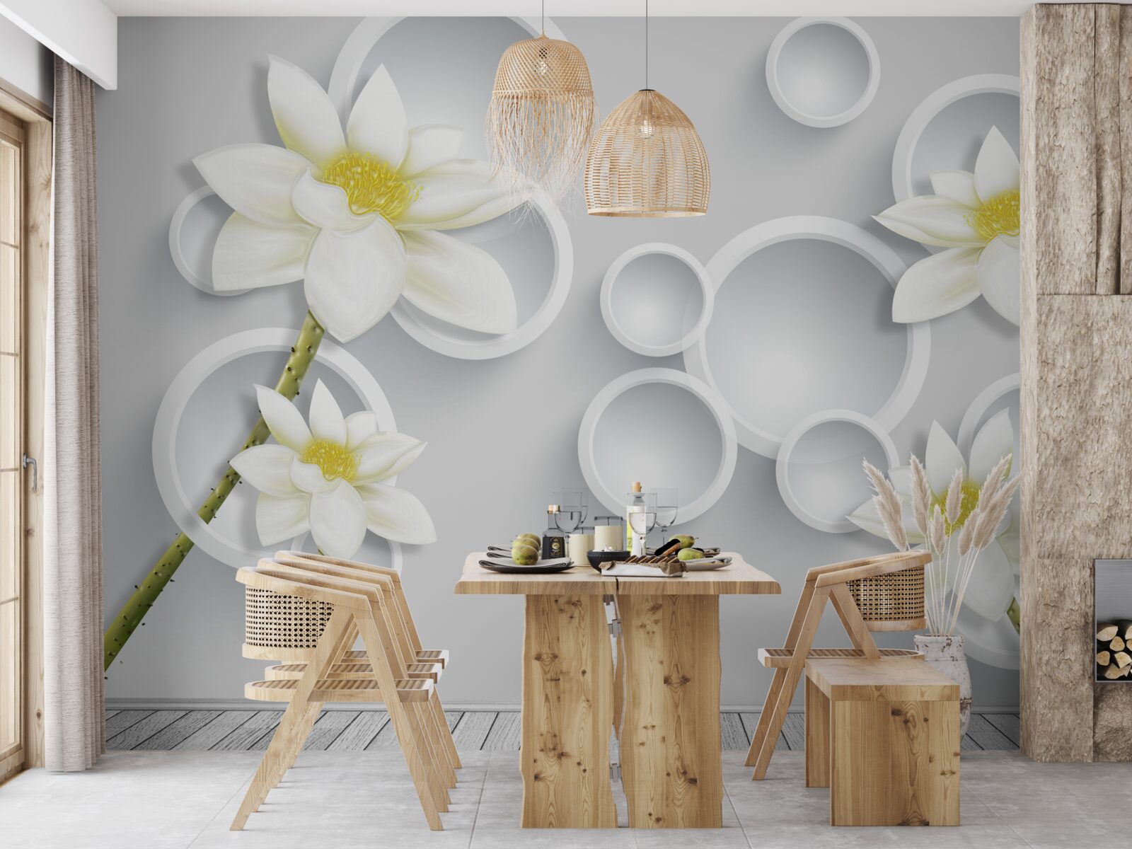 Papier peint les fleurs sont blanches avec un centre jaune