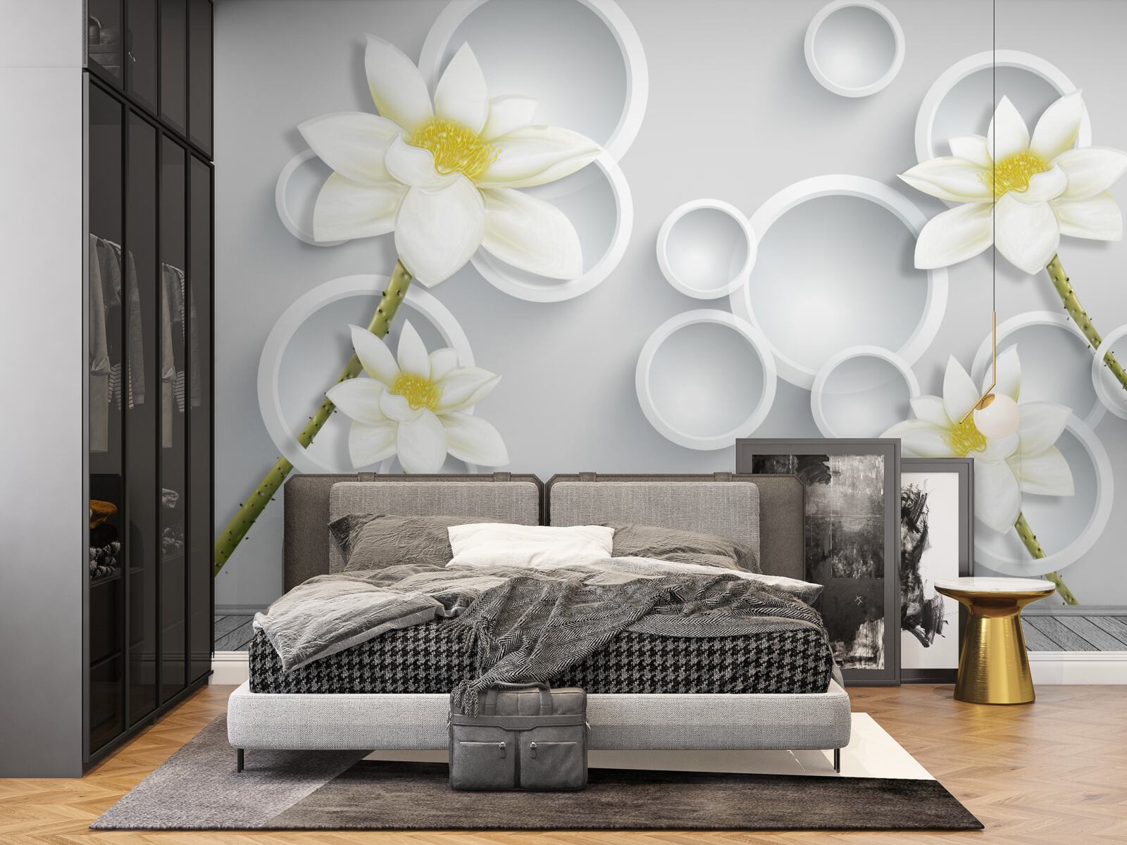 Papier peint les fleurs sont blanches avec un centre jaune