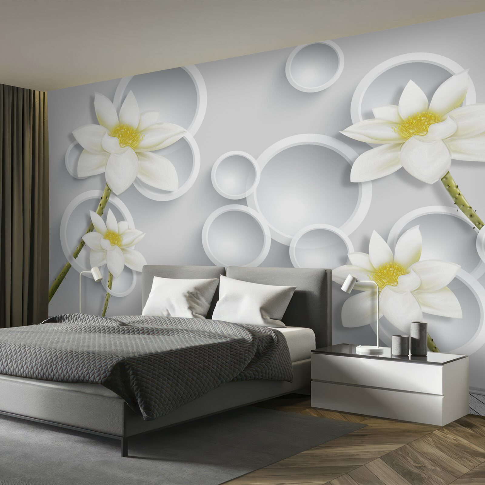 Papier peint les fleurs sont blanches avec un centre jaune