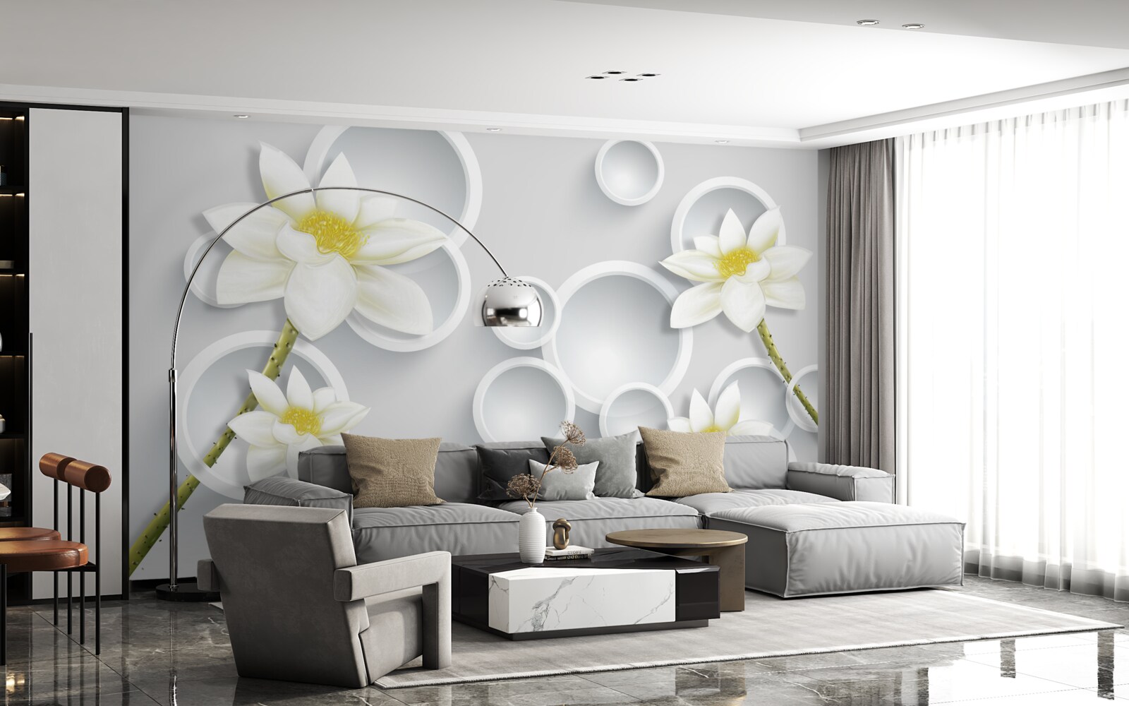 Papier peint les fleurs sont blanches avec un centre jaune