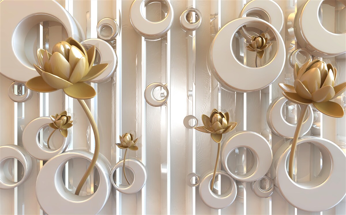 Papier peint fleurs d'or et boules de lune