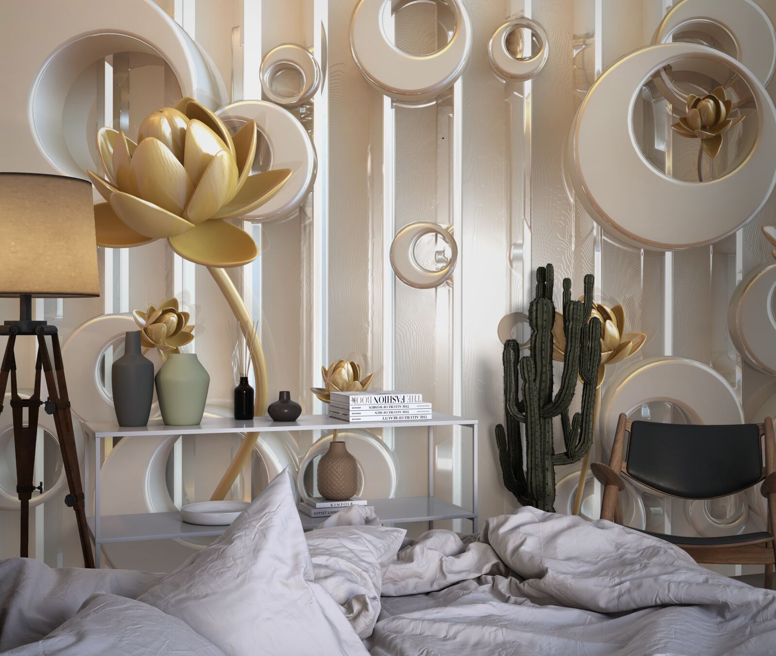 Papier peint fleurs d'or et boules de lune