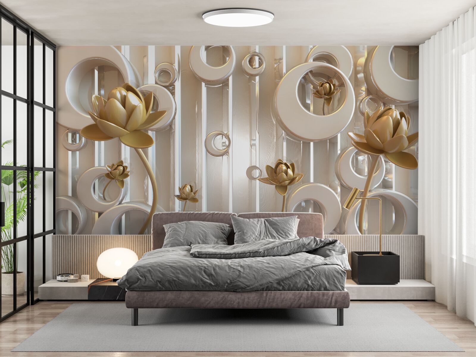 Papier peint fleurs d'or et boules de lune