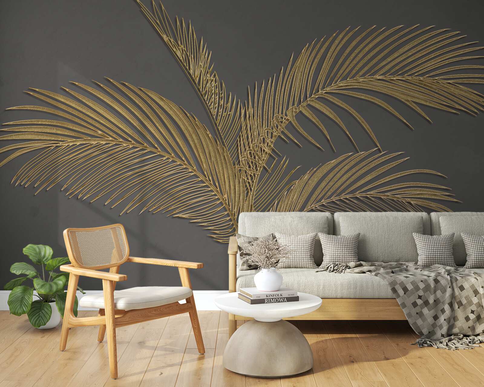 Papier peint feuilles de plumes brunes sur fond gris